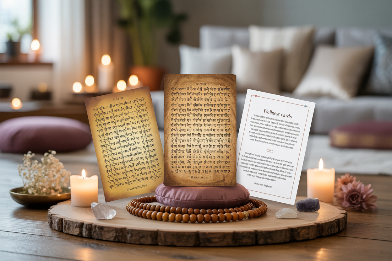 Create a realistic image of a peaceful meditation scene featuring three distinct visual representations of different mantra types: a collection of ancient Sanskrit texts with golden lettering on aged parchment, Tibetan prayer beads (mala) made of wooden beads resting on a silk cushion, and modern wellness cards with simple geometric patterns, all arranged on a natural wooden surface surrounded by soft candlelight, dried flowers, and small crystals, with a serene indoor setting featuring warm ambient lighting and a blurred background of meditation cushions and plants, creating a calm and spiritual atmosphere that represents the diversity and benefits of various mantra practices, absolutely NO text should be in the scene.
