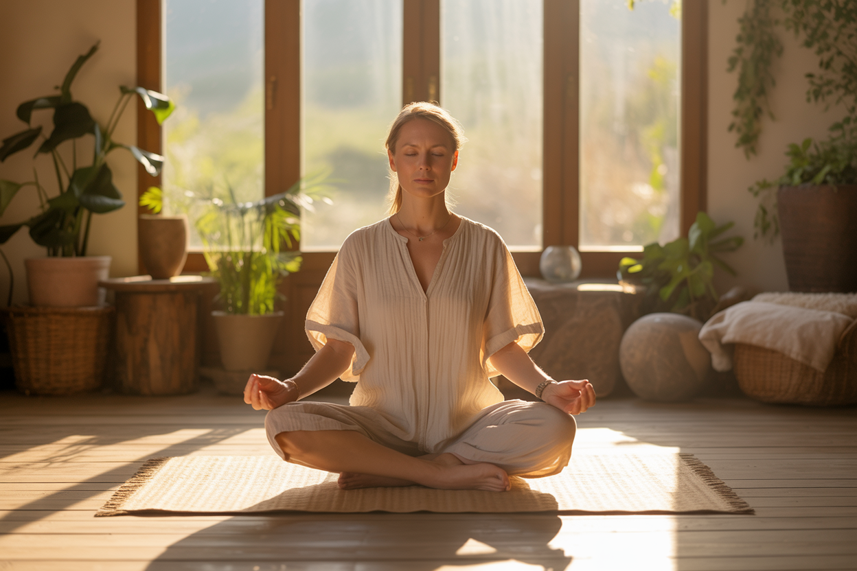 Create a realistic image of a serene healing sanctuary with a white female meditation instructor in flowing earth-tone clothing sitting cross-legged on a natural fiber mat, eyes gently closed in peaceful contemplation, surrounded by potted plants and soft natural textures like wooden elements and stone accents, with warm golden hour lighting streaming through large windows creating gentle shadows, conveying a sense of inner transformation and somatic healing, with the overall atmosphere being one of hope, renewal, and mind-body integration, absolutely NO text should be in the scene.
