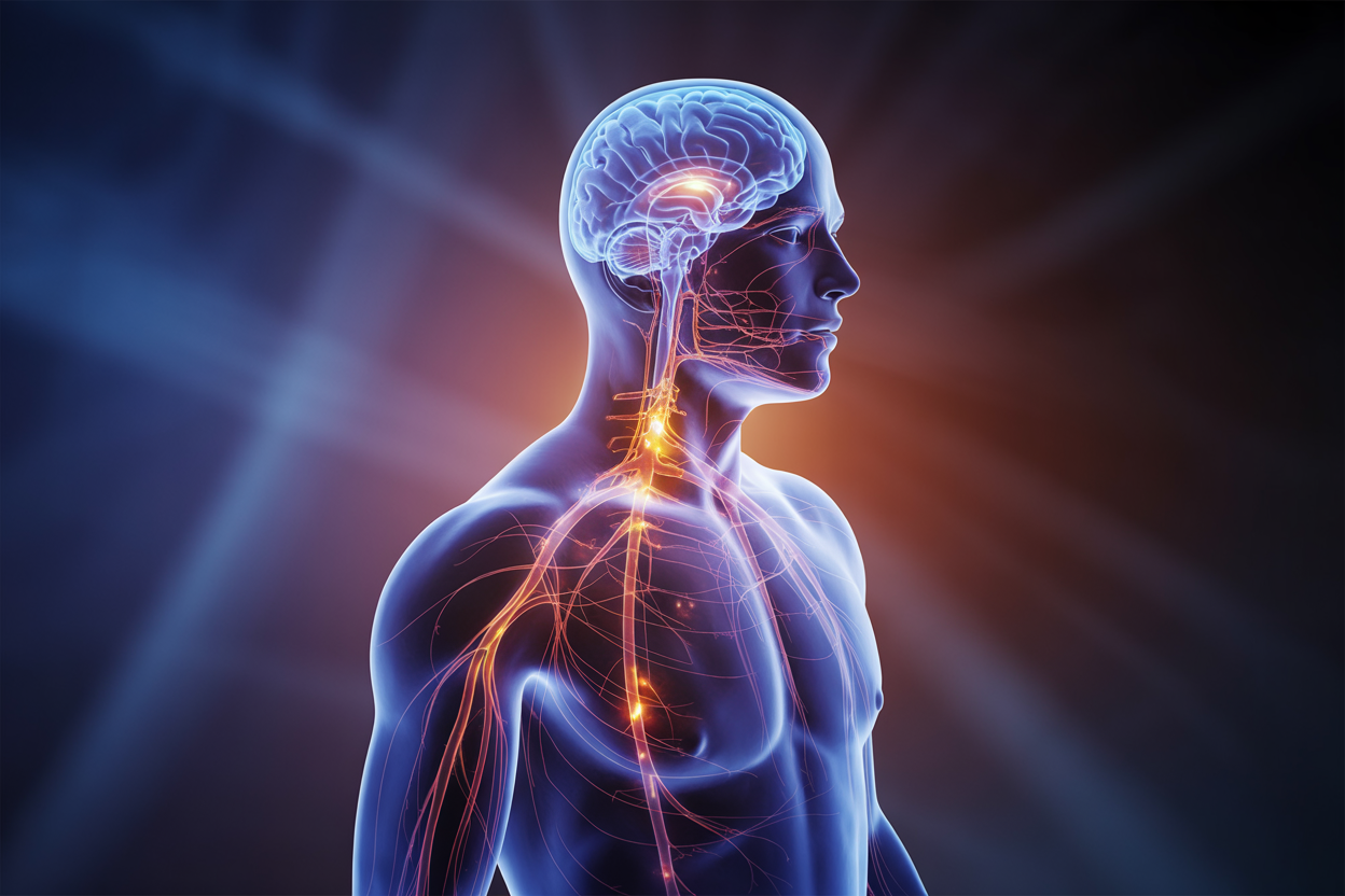 Create a realistic image of a translucent human silhouette in profile view showing the nervous system and brain highlighted in soft blue and purple light, with subtle energy patterns or neural pathways glowing throughout the body, set against a dark gradient background, conveying a scientific yet emotional understanding of how trauma affects the physical body, with warm ambient lighting creating a contemplative and healing atmosphere, absolutely NO text should be in the scene.