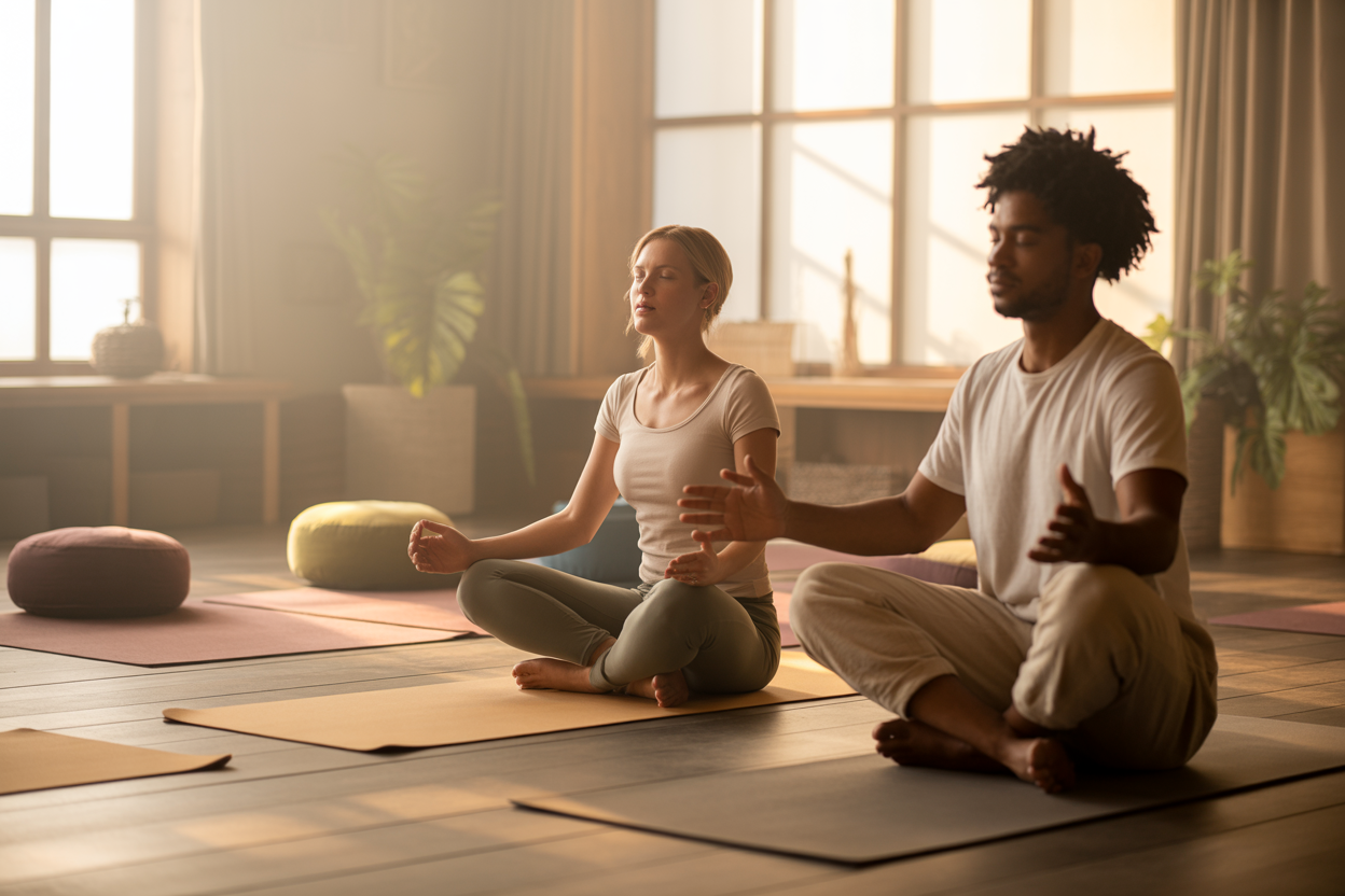 Create a realistic image of a peaceful therapy or wellness studio setting with soft natural lighting streaming through large windows, featuring a diverse group including a white female therapist and black male client practicing gentle somatic movements like conscious breathing and grounding exercises, with yoga mats, meditation cushions, and plants creating a calming healing environment, warm earth tones throughout the space, bodies in relaxed postures suggesting mindful movement and nervous system regulation, absolutely NO text should be in the scene.