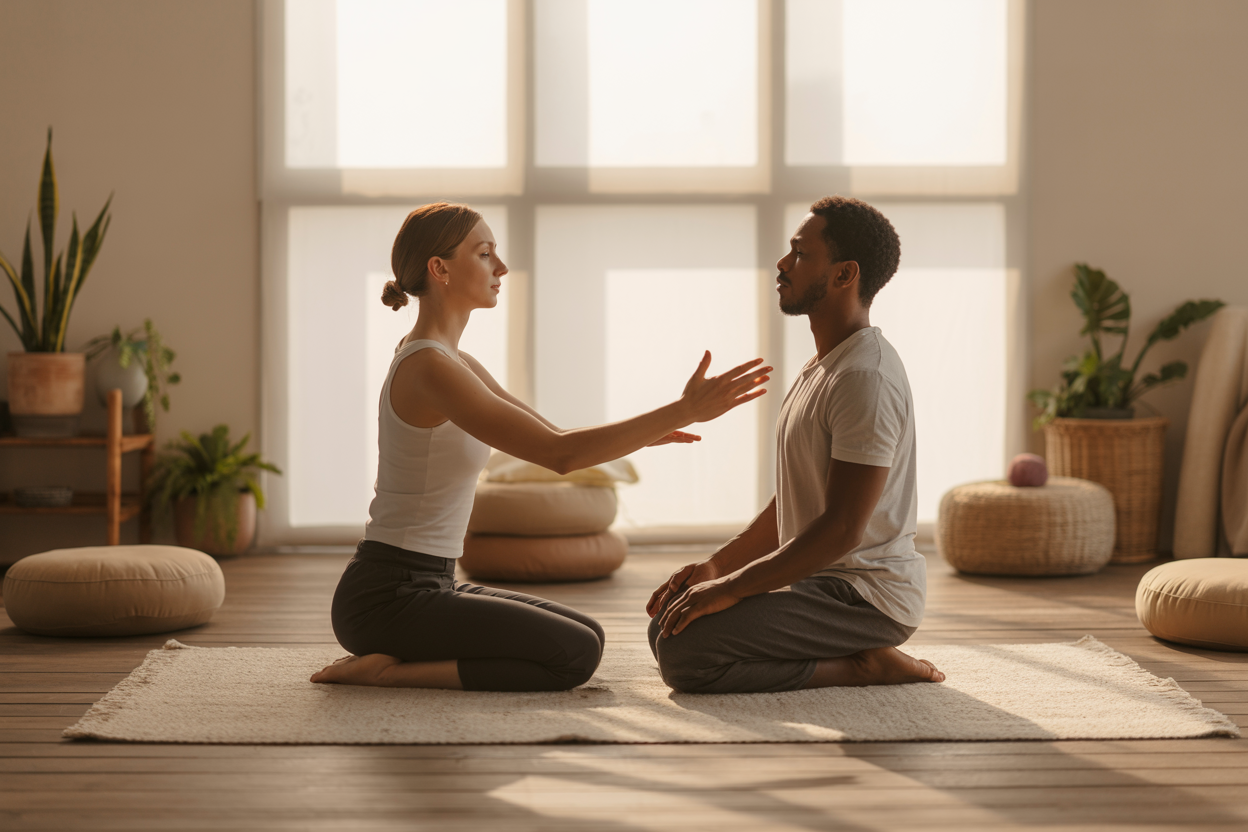 Create a realistic image of a peaceful therapy or wellness space with a white female practitioner guiding a black male client through a gentle body-based healing exercise, both sitting on comfortable floor cushions in a serene room with soft natural lighting streaming through large windows, featuring elements like yoga mats, meditation pillows, plants, and calming earth-tone colors that convey healing and integration, with the practitioner's hands positioned in a supportive therapeutic gesture while the client appears relaxed and engaged in the healing process, absolutely NO text should be in the scene.