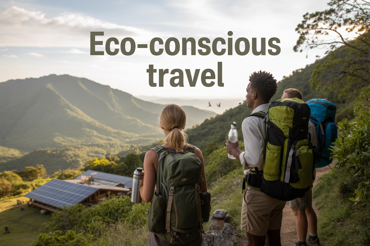 Create a realistic image of a diverse group of travelers including a white female and black male hiker with backpacks standing on a scenic mountain trail overlooking a pristine valley with solar panels on an eco-lodge visible below, surrounded by lush green forests and wildlife like birds in the distance, with reusable water bottles and eco-friendly gear visible, soft golden hour lighting creating a warm sustainable tourism atmosphere, featuring the text "Eco-Conscious Travel" prominently displayed in natural green typography in the sky area.