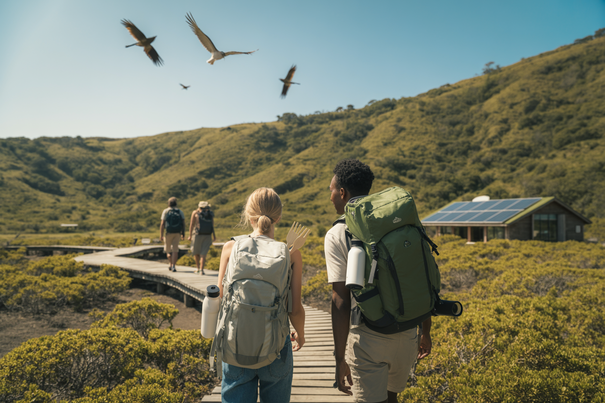 Create a realistic image of a pristine natural landscape with rolling green hills and a clear blue sky, featuring a diverse group including a white female and black male traveler with lightweight backpacks walking on a wooden boardwalk that protects the native vegetation, with solar panels visible on a small eco-lodge in the background, local wildlife like birds flying peacefully overhead, reusable water bottles and bamboo utensils visible in their gear, warm golden hour lighting creating a hopeful and harmonious atmosphere that represents sustainable travel and environmental responsibility, absolutely NO text should be in the scene.