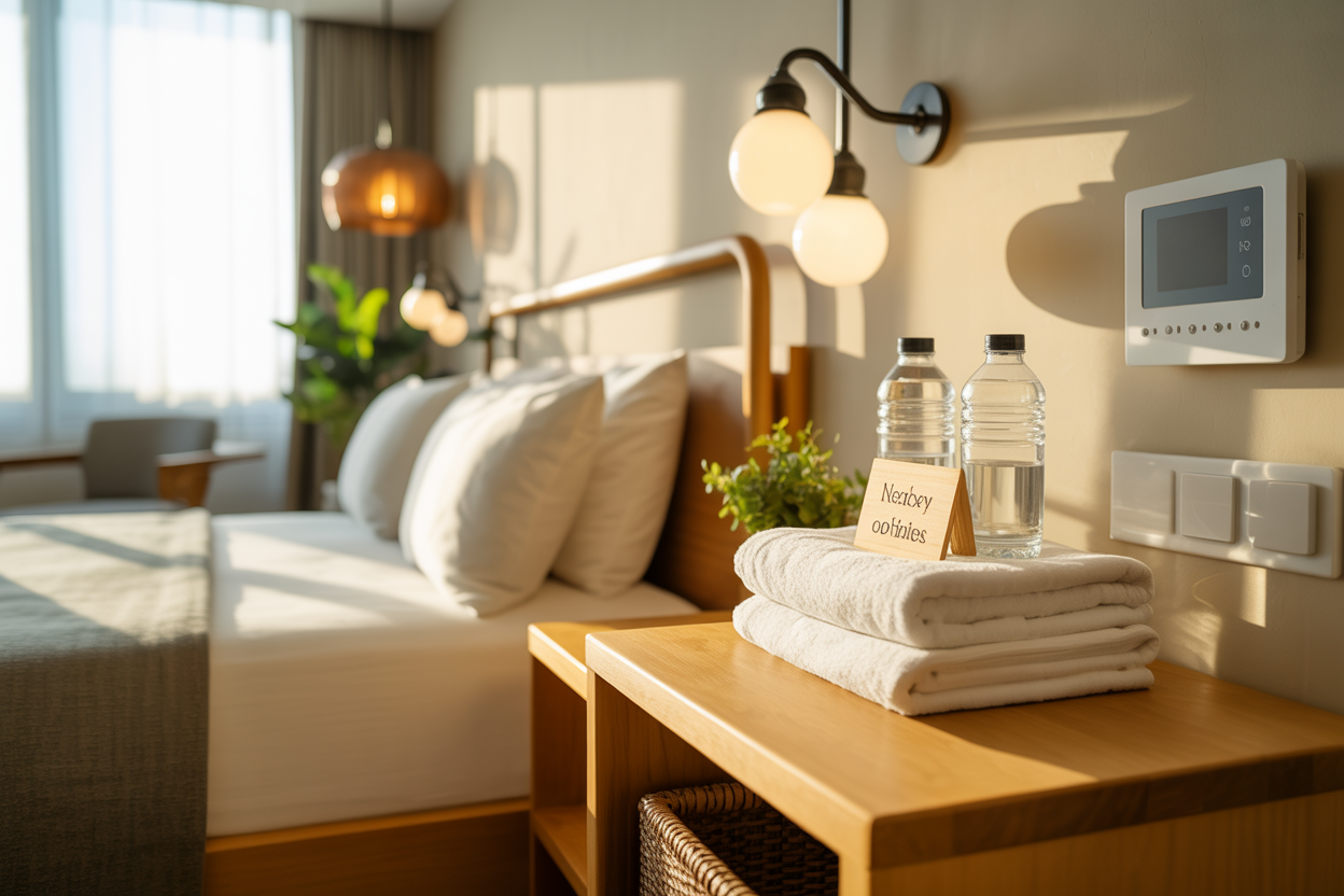 Create a realistic image of a modern eco-friendly hotel room interior showing resource conservation practices, featuring reusable glass water bottles on a bedside table, LED light bulbs in minimalist fixtures, a digital thermostat set to energy-saving temperature on the wall, fresh white towels neatly arranged with a small wooden sign indicating reuse options, plants adding natural elements to the space, warm natural lighting streaming through sheer curtains, and sustainable bamboo or reclaimed wood furniture elements, all arranged in a clean, contemporary setting that emphasizes environmental responsibility and comfort, absolutely NO text should be in the scene.