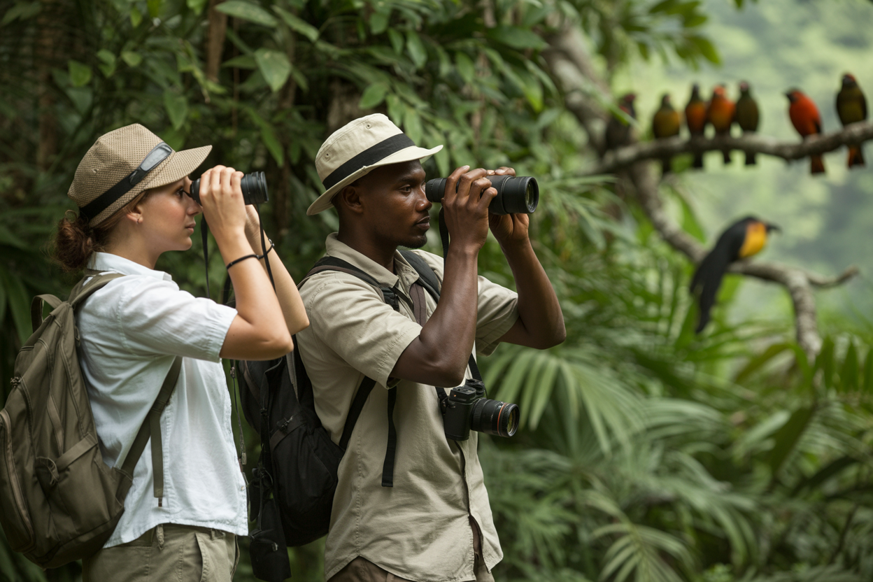 Create a realistic image of a diverse group of eco-conscious travelers observing wildlife from a respectful distance in a pristine natural environment, featuring a white female and black male with binoculars and cameras watching colorful tropical birds perched on tree branches, with lush green rainforest vegetation in the background, soft natural lighting filtering through the canopy, peaceful and serene atmosphere showcasing responsible wildlife viewing practices, absolutely NO text should be in the scene.
