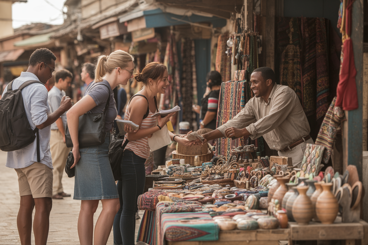 Create a realistic image of a diverse group of travelers including a white female and black male tourist browsing and purchasing handmade crafts and local products from a vibrant outdoor market stall run by local vendors, with colorful textiles, pottery, and artisanal goods displayed on wooden tables, set against a backdrop of a traditional village or town square with authentic local architecture, warm natural lighting suggesting daytime, creating an atmosphere of cultural exchange and community support, with the travelers genuinely engaging with local sellers in a respectful manner, absolutely NO text should be in the scene.