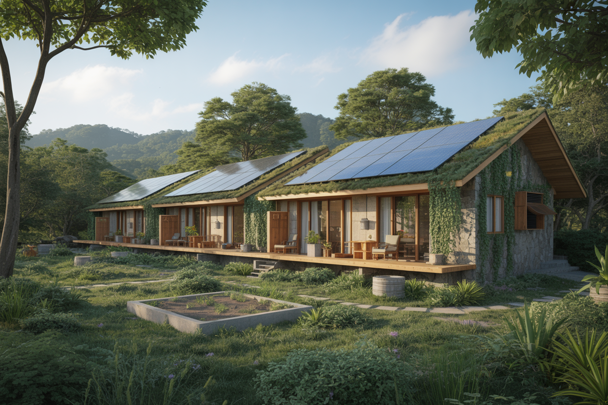 Create a realistic image of an eco-friendly hotel or lodge building with solar panels on the roof, surrounded by lush green vegetation and native plants, featuring sustainable architecture with natural wood and stone materials, large windows for natural lighting, rainwater collection barrels visible, a small organic garden area, and a peaceful natural setting with trees and mountains in the background under soft daylight, conveying a harmonious blend of accommodation and environmental consciousness, absolutely NO text should be in the scene.