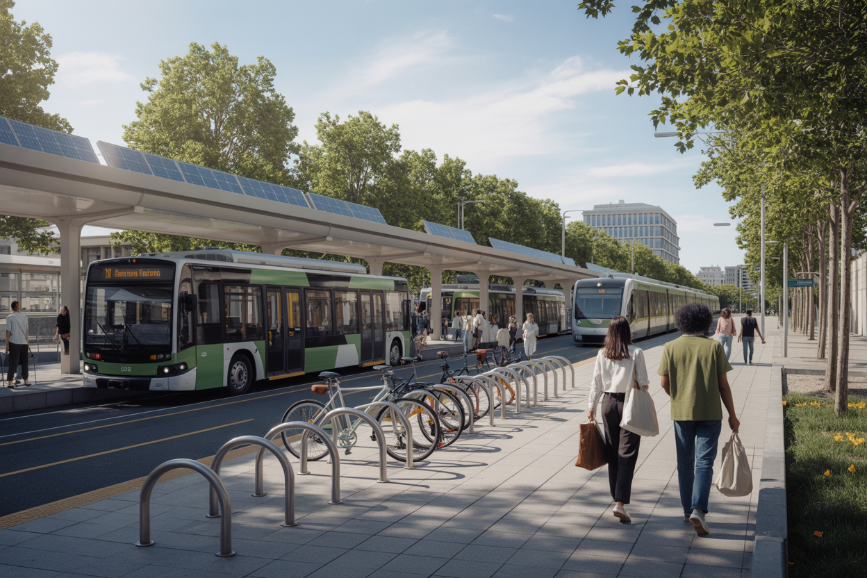 Create a realistic image of a scenic transportation hub showcasing multiple eco-friendly travel options including electric buses, bicycles parked in bike racks, a modern electric train in the background, and people of diverse backgrounds walking with reusable travel bags, set against a clean urban environment with solar panels on station roofs, lush green trees lining the pathways, bright natural daylight creating a positive and environmentally conscious atmosphere, absolutely NO text should be in the scene.