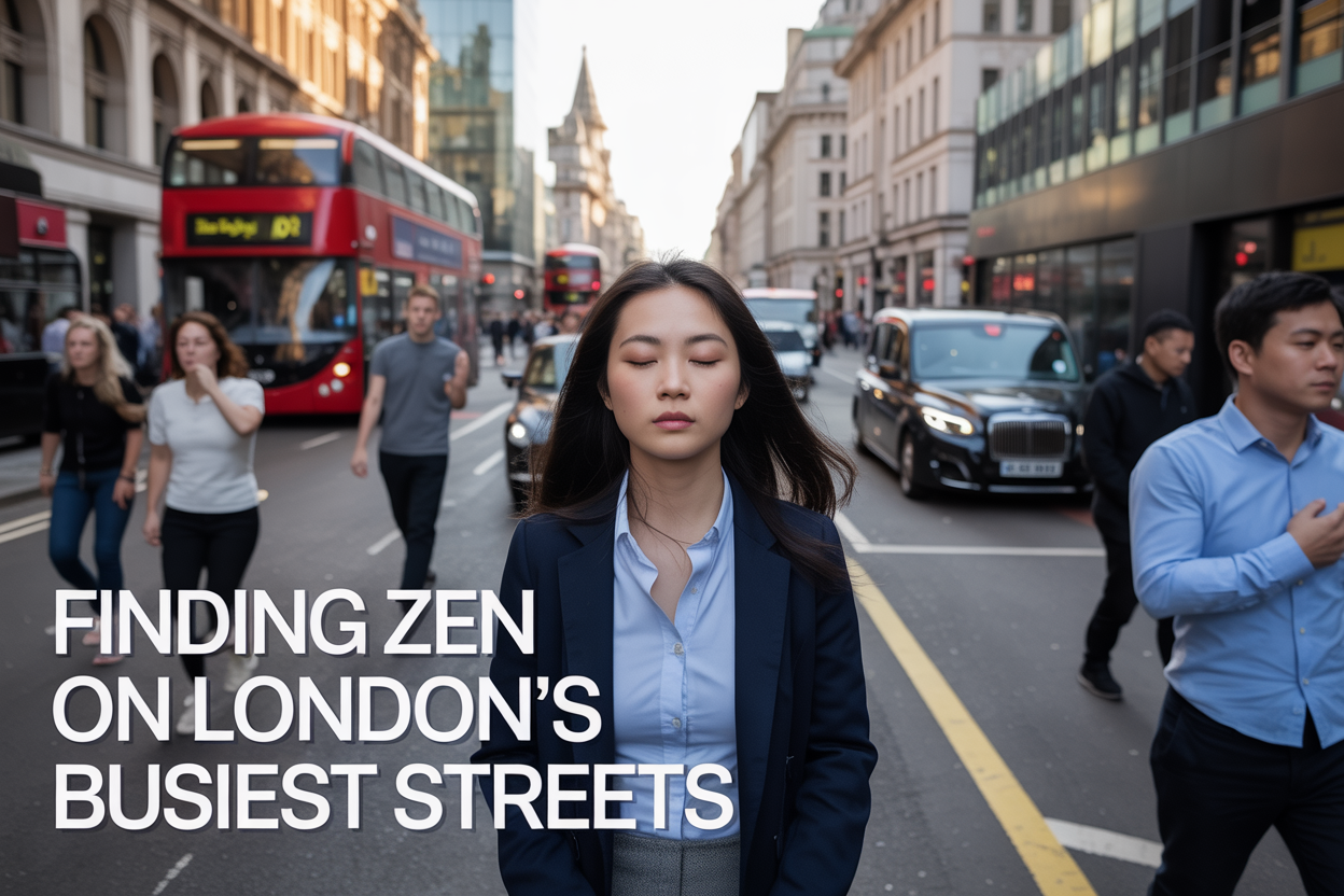 Create a realistic image of a peaceful Asian female walking mindfully down a busy London street with iconic red double-decker buses and black cabs in the background, her eyes gently closed in meditation while pedestrians rush past her in motion blur, creating a contrast between her calm centered presence and the chaotic urban environment, with warm golden hour lighting filtering through the cityscape, and the text "Finding Zen on London's Busiest Streets" elegantly overlaid in modern sans-serif font.
