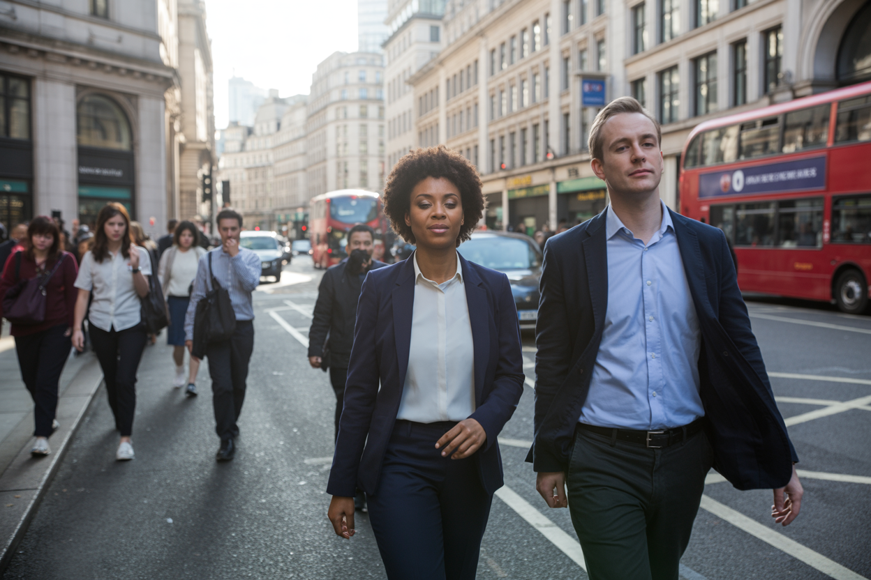 Create a realistic image of a diverse group of commuters walking mindfully on a busy London street, including a black female and white male in business attire moving slowly and deliberately with peaceful, focused expressions, surrounded by typical London architecture with red buses and black cabs in soft morning light, creating a calm atmosphere despite the urban hustle, with other pedestrians in the background going about their daily routines, emphasizing the contrast between mindful walking and regular city movement, absolutely NO text should be in the scene.