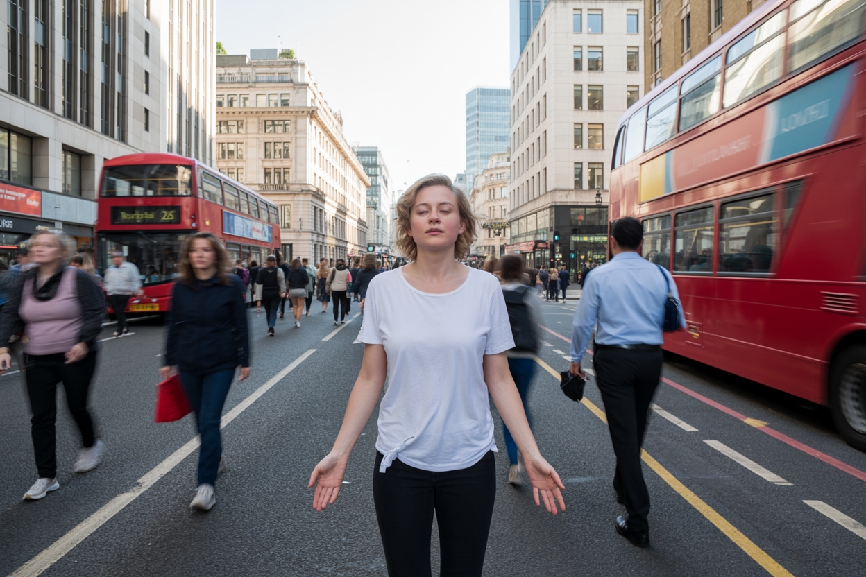 Create a realistic image of a white female person in comfortable walking attire demonstrating mindful walking meditation techniques on a busy London street, with her eyes gently closed and arms relaxed at her sides, surrounded by blurred motion of commuters and red double-decker buses in the background, natural daylight filtering through urban buildings creating a serene contrast between the peaceful meditative state and the bustling city environment, with iconic London architecture visible including Georgian townhouses and modern office buildings, the scene capturing the essence of finding inner peace amidst urban chaos, Absolutely NO text should be in the scene.