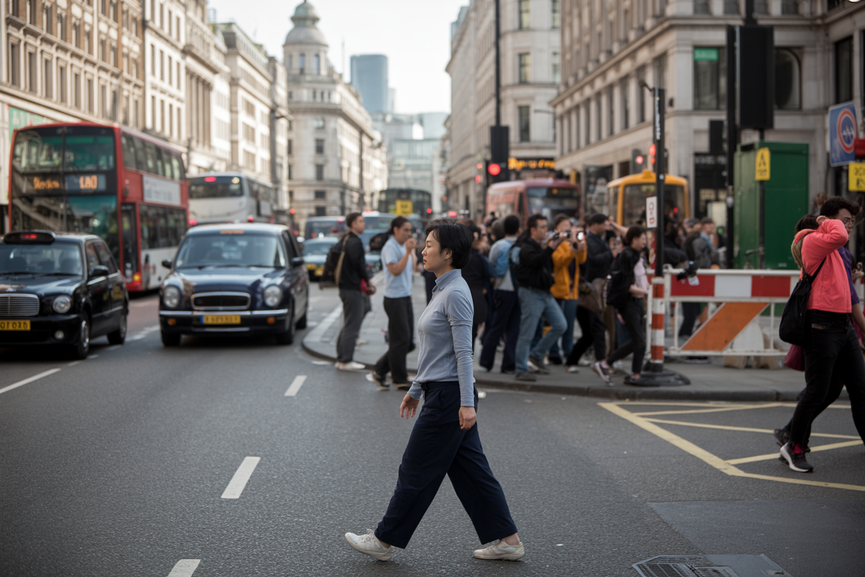 Create a realistic image of a calm Asian female meditator in walking pose on a busy London street, surrounded by typical urban obstacles including heavy traffic with red buses and black cabs, crowds of diverse pedestrians hurrying past, construction barriers, street noise represented by car horns and sirens, mobile phone users, and city pollution visible as light smog, with iconic London architecture like Georgian buildings in the background, natural daylight with overcast sky typical of London, showing the contrast between inner peace and chaotic city environment, absolutely NO text should be in the scene.