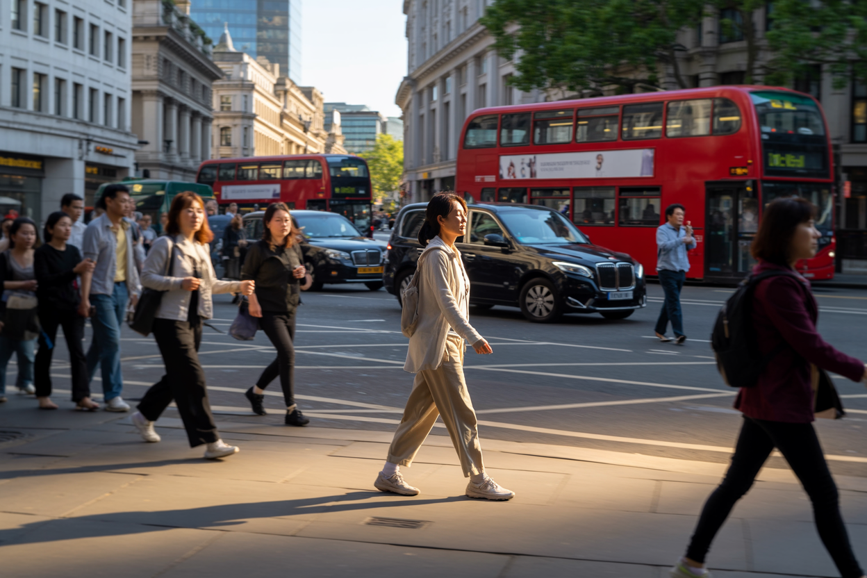 Create a realistic image of a serene Asian female walker in comfortable walking shoes and casual clothing practicing mindful walking meditation on a busy London street, with iconic red double-decker buses and black taxis blurred in the background, surrounded by classic Georgian architecture and modern office buildings, golden hour lighting casting warm shadows on the pavement, the woman appearing calm and centered with eyes gently closed or looking downward in a meditative state, pedestrians slightly blurred in motion around her to show the contrast between her mindful pace and the city's rush, with tree-lined sidewalks and urban greenery visible, conveying a peaceful atmosphere of finding tranquility within urban chaos, shot from a medium distance to show both the subject and the bustling London street environment, absolutely NO text should be in the scene.