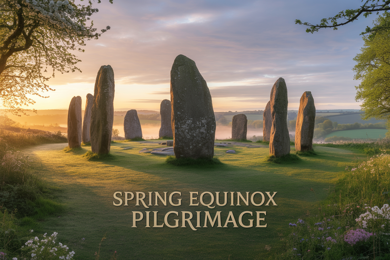 Create a realistic image of an ancient stone circle in the UK countryside during spring equinox sunrise, with massive weathered standing stones silhouetted against a golden dawn sky, surrounded by fresh green grass dotted with wildflowers and blooming trees, soft morning mist drifting across rolling hills in the background, warm golden light streaming between the stones creating dramatic shadows, with text overlay reading "Spring Equinox Pilgrimage" in elegant serif font, conveying a sense of spiritual renewal and ancient sacred energy.