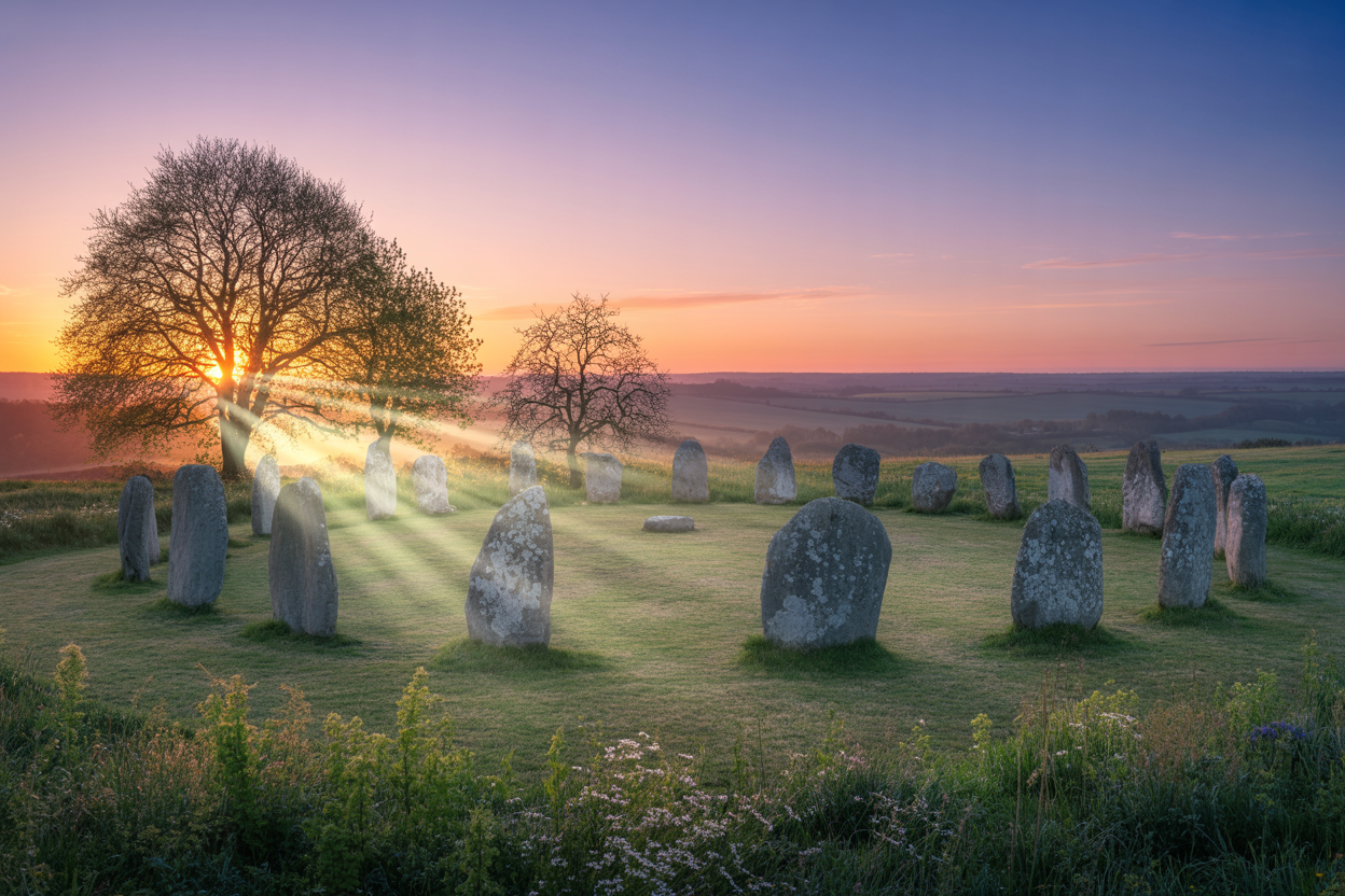 Create a realistic image of an ancient stone circle at dawn during spring equinox, with the first rays of golden sunlight streaming through the standing stones, creating dramatic light beams and long shadows on dewy grass, surrounded by early spring wildflowers and budding trees, with a serene countryside landscape in the background under a soft pastel sky transitioning from deep blue to warm orange and pink hues, evoking a sense of spiritual awakening and renewal, absolutely NO text should be in the scene.