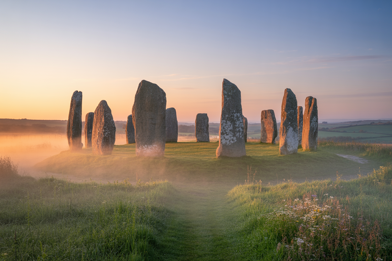 Create a realistic image of an ancient stone circle at dawn during the spring equinox, with massive weathered standing stones arranged in a perfect circle on rolling green hills, soft golden sunlight streaming through the stones creating dramatic shadows on the dewy grass, early morning mist swirling around the base of the monuments, wildflowers beginning to bloom in the surrounding meadow, distant rolling countryside visible in the background under a pale blue and pink sunrise sky, the scene conveying a sense of spiritual reverence and ancient mystery, absolutely NO text should be in the scene.