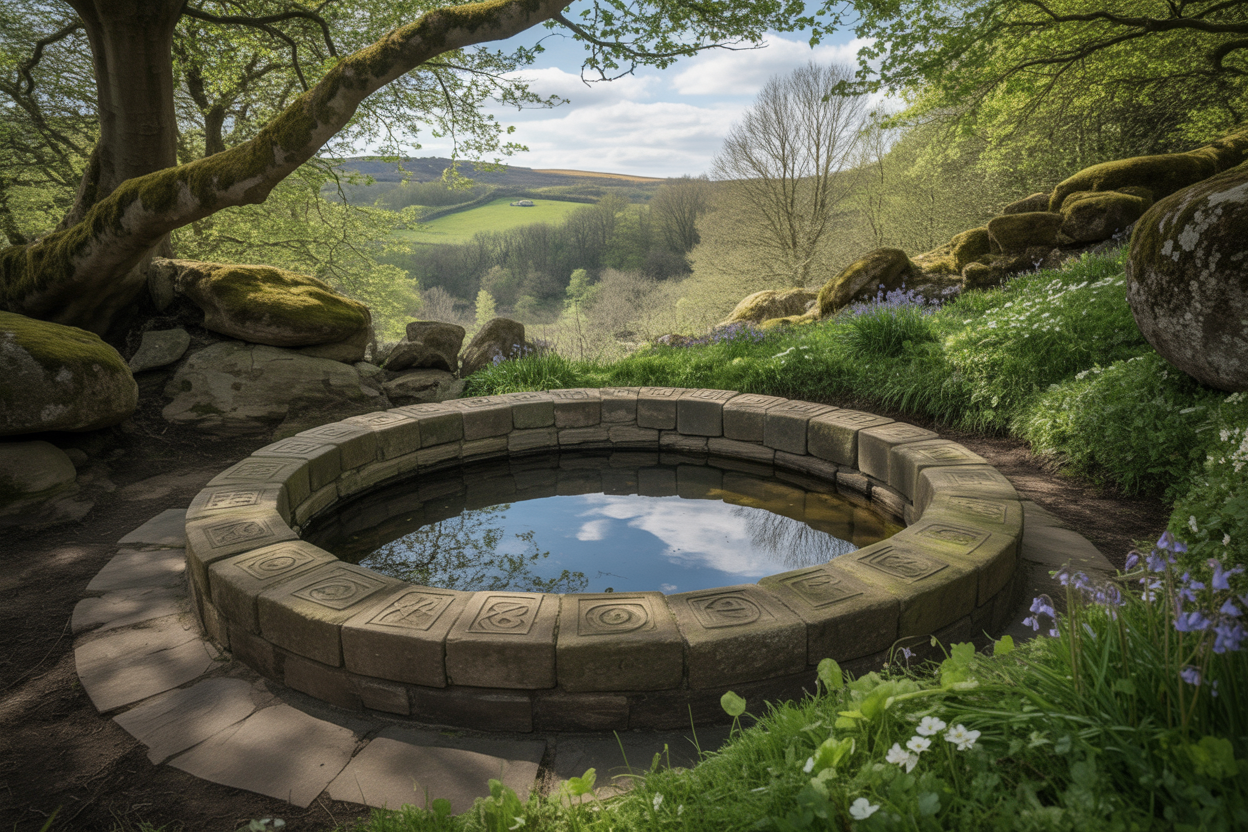 Create a realistic image of an ancient Celtic holy well nestled in a serene natural spring site, featuring a circular stone-lined well with clear water reflecting the sky, surrounded by moss-covered rocks and vibrant green vegetation, with wild spring flowers like bluebells and primroses blooming nearby, ancient Celtic stone carvings or markers visible around the well's edge, dappled sunlight filtering through overhead tree branches creating a mystical atmosphere, located in a peaceful woodland clearing with rolling British countryside hills visible in the background, capturing the sacred and tranquil mood of renewal associated with spring equinox, absolutely NO text should be in the scene.