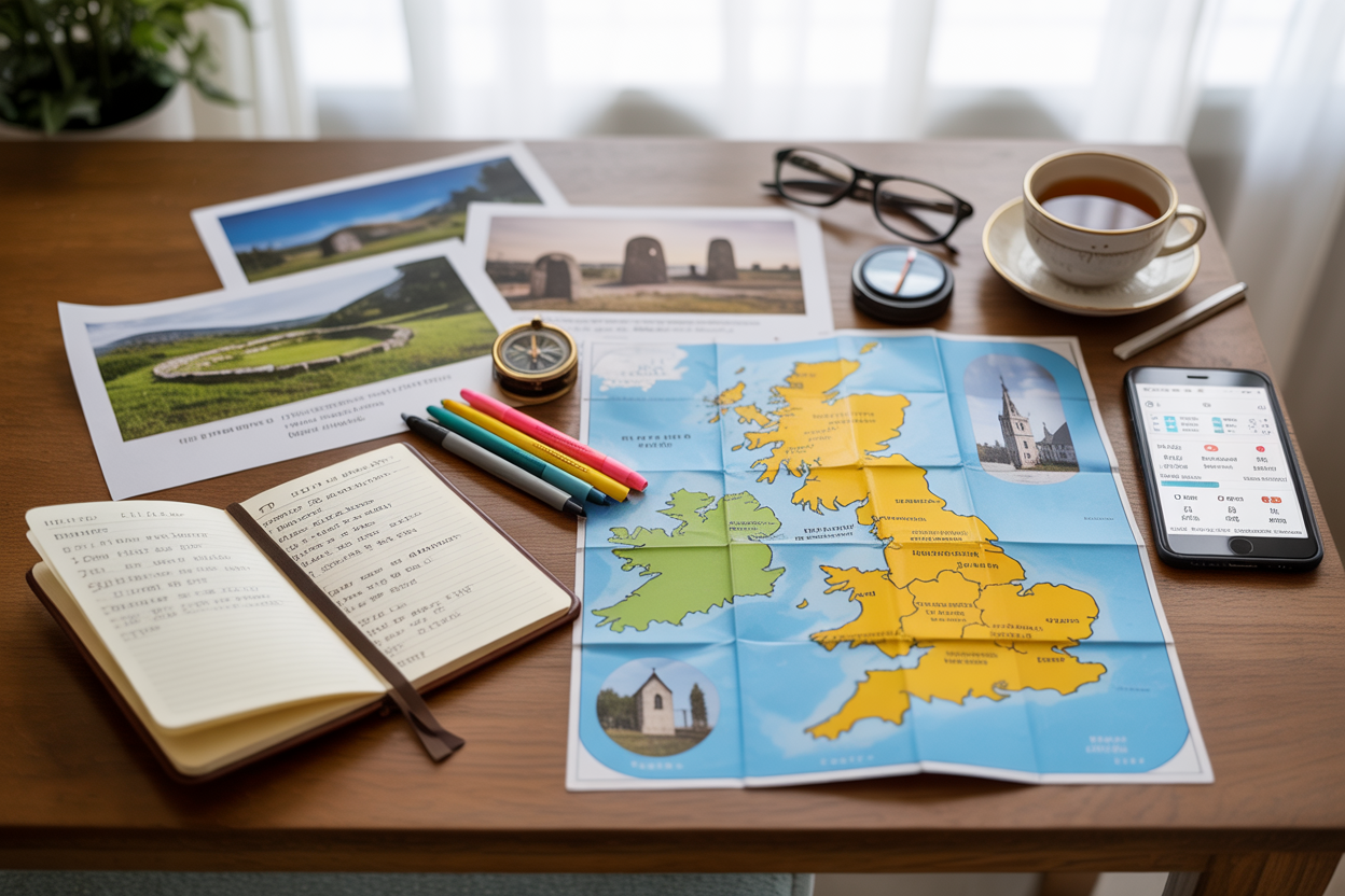 Create a realistic image of a wooden table with travel planning materials spread across its surface including an open map of the UK with marked pilgrimage sites, a leather-bound travel journal with handwritten notes, colored pens for marking routes, a compass, printed photographs of ancient stone circles and historic churches, a smartphone displaying weather information, reading glasses, and a cup of tea, all arranged in an organized planning session setup with soft natural lighting from a nearby window creating a warm planning atmosphere, Absolutely NO text should be in the scene.