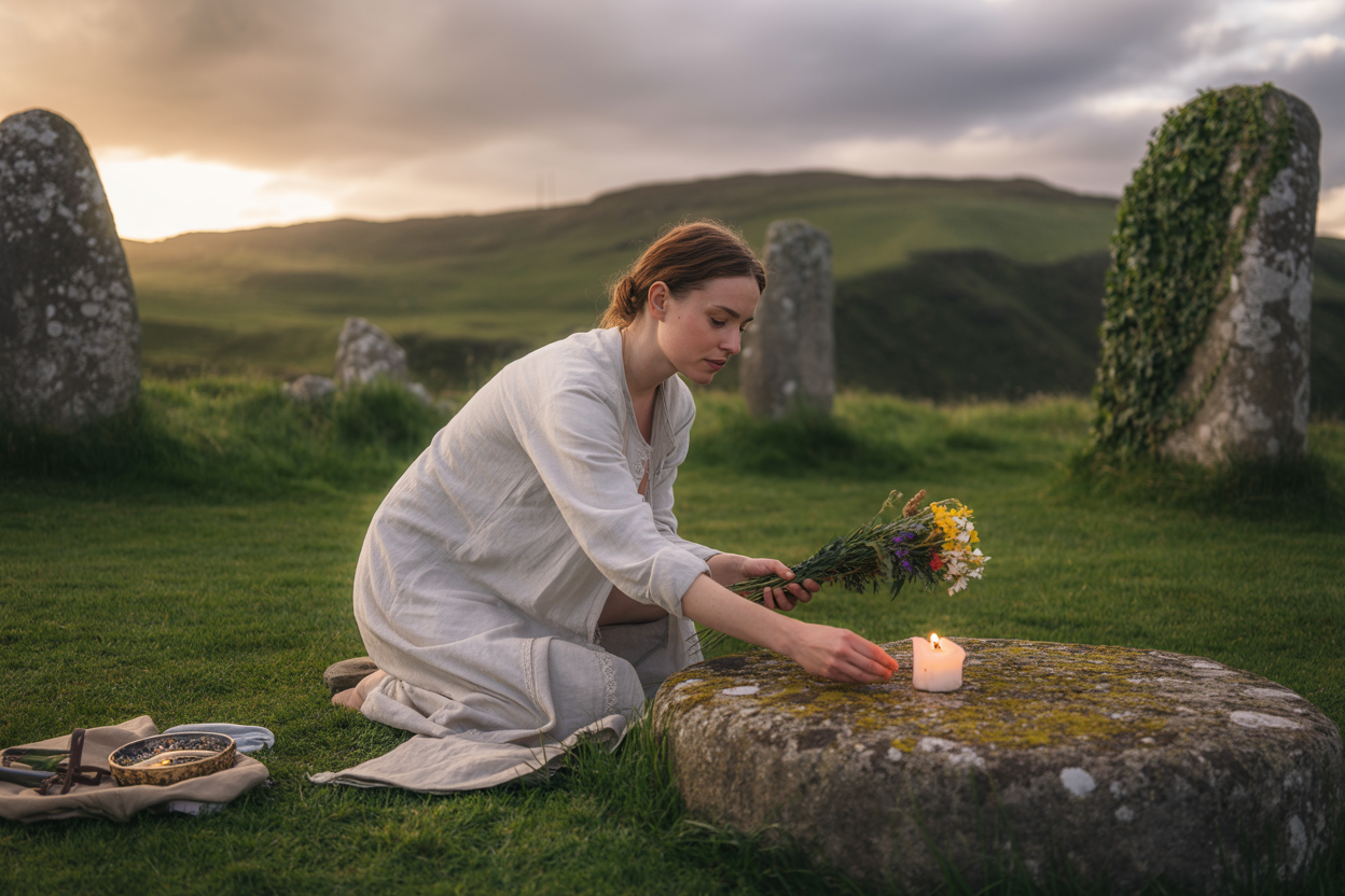 Create a realistic image of a white female pilgrim in her 30s kneeling peacefully at an ancient stone circle during golden hour, placing wildflowers and lighting a small candle on a moss-covered altar stone, with rolling green hills and dramatic clouds in the background, soft warm lighting filtering through the scene, creating an atmosphere of spiritual reverence and renewal, surrounded by standing stones partially covered in ivy, with a small cloth bundle containing ritual items nearby on the grass, absolutely NO text should be in the scene.
