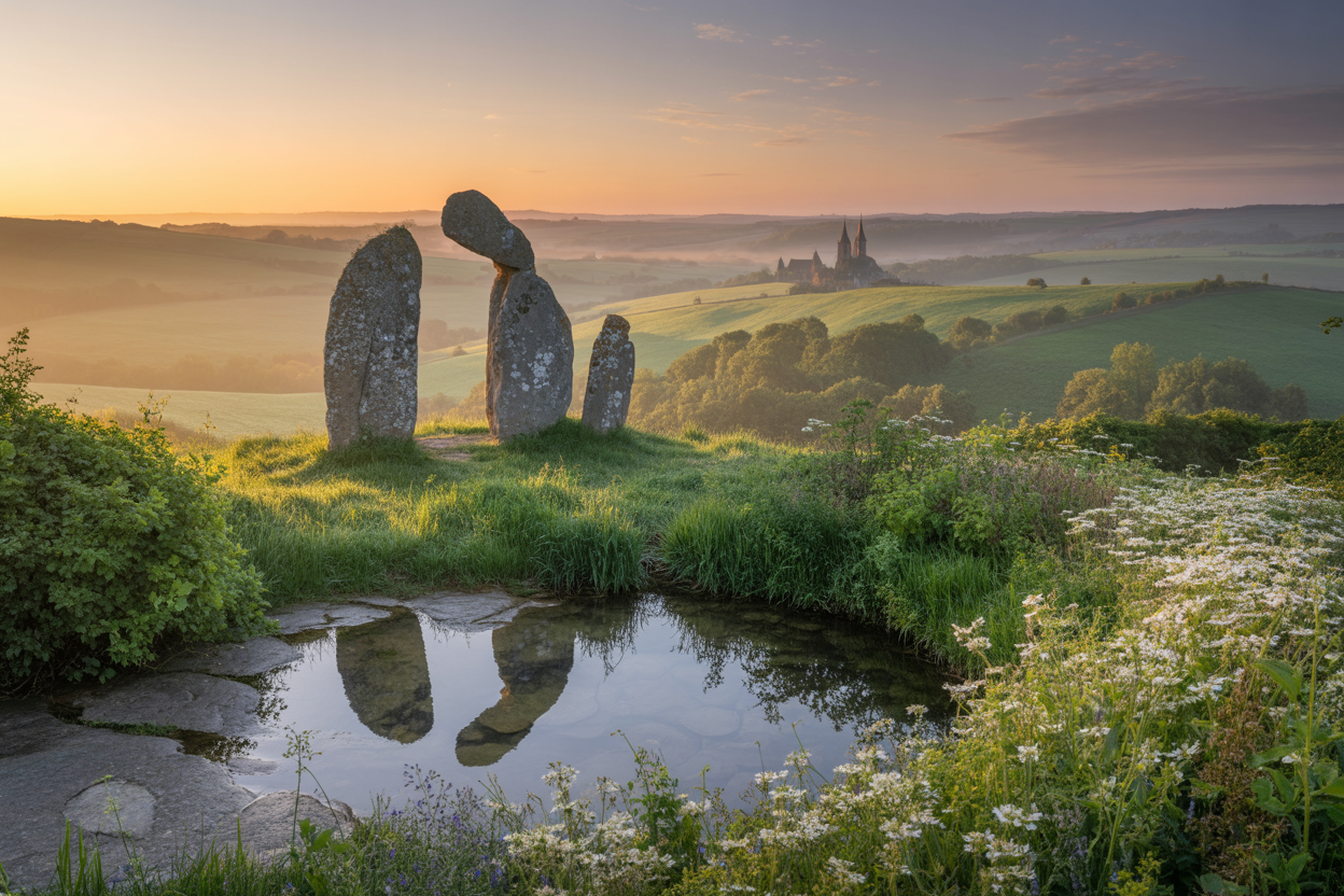 Create a realistic image of a serene dawn landscape featuring ancient stone circles silhouetted against a soft golden sunrise sky, with rolling green hills dotted with medieval church spires in the distance, a natural spring or holy well with clear water reflecting the morning light in the foreground, scattered wildflowers and fresh spring foliage throughout the scene, creating a peaceful and spiritual atmosphere that captures the essence of renewal and pilgrimage journey completion, with gentle morning mist rising from the countryside and warm golden lighting illuminating the sacred landscape, absolutely NO text should be in the scene.