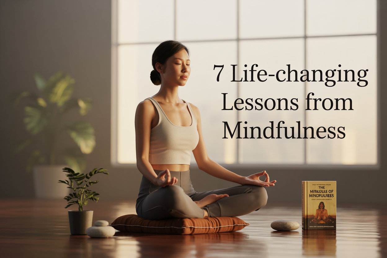 Create a realistic image of a serene Asian female in her 30s sitting in lotus position on a wooden meditation cushion in a minimalist room with soft natural lighting streaming through a large window, her eyes gently closed with a peaceful expression, surrounded by subtle elements including a small potted plant, smooth stones, and a worn copy of "The Miracle of Mindfulness" book nearby, with warm golden hour lighting creating a calm atmosphere, and elegant text overlay reading "7 Life-Changing Lessons from Mindfulness" in a clean, modern font positioned in the upper portion of the image.