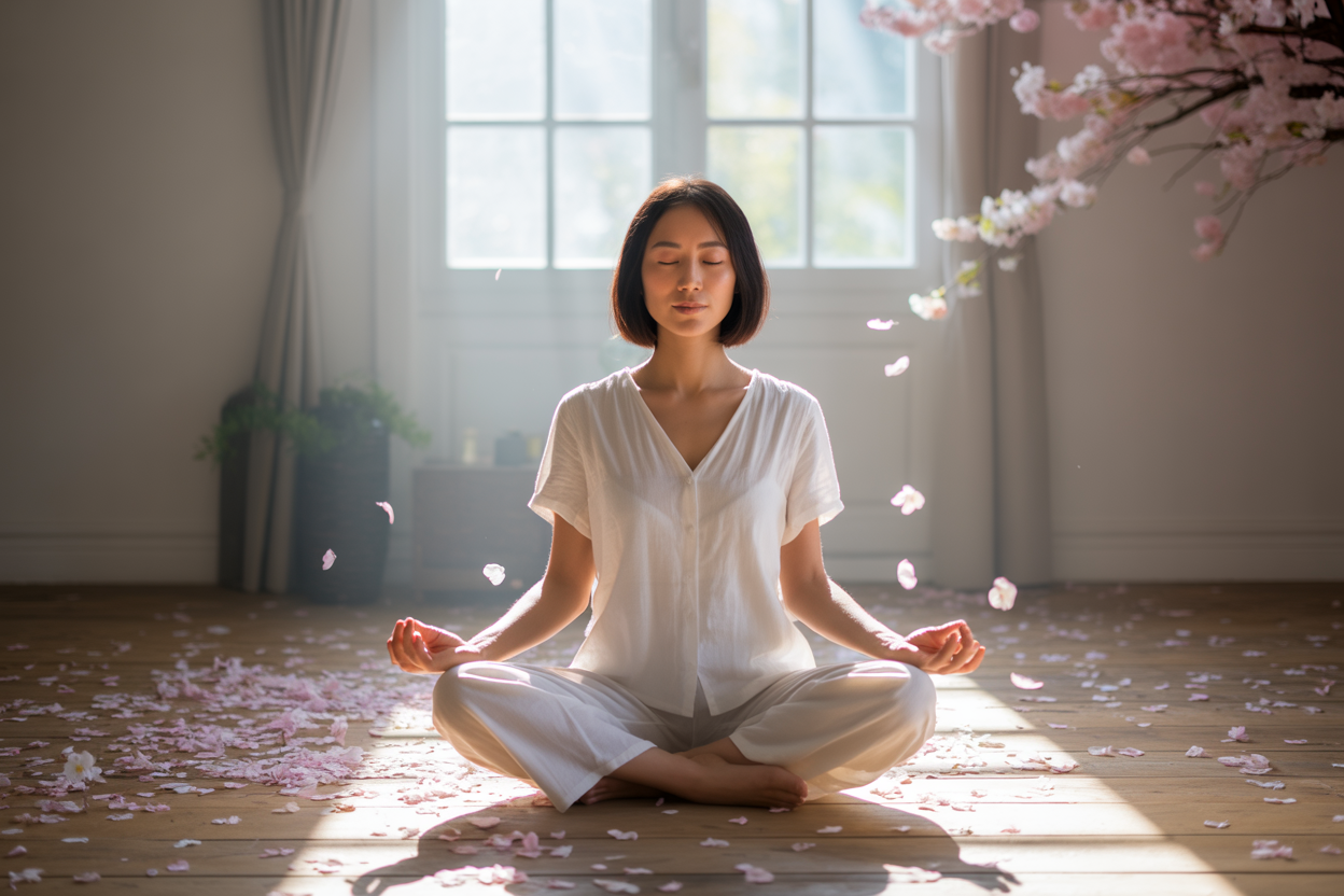 Create a realistic image of a serene Asian female in her 30s sitting cross-legged in a peaceful meditation pose with eyes gently closed, surrounded by soft morning light filtering through a window, with delicate cherry blossom petals floating in the air around her, set in a minimalist room with warm wooden floors and subtle shadows, capturing a sense of profound tranquility and present-moment awareness, with a gentle smile expressing inner peace and transformation, absolutely NO text should be in the scene.