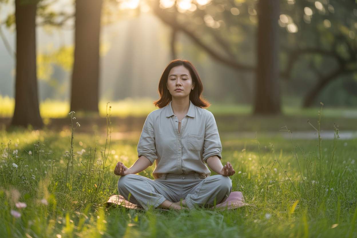 Create a realistic image of a peaceful Asian female in her 30s sitting in lotus position with eyes gently closed, practicing deep breathing meditation in a serene natural setting with soft morning sunlight filtering through tall trees, surrounded by lush green grass and delicate wildflowers, with a calm expression showing inner tranquility, wearing comfortable light-colored clothing, captured in a moment of mindful breathing with subtle chest movement, set against a blurred forest background creating a sense of depth and serenity, with warm golden lighting creating a peaceful atmosphere. Absolutely NO text should be in the scene.