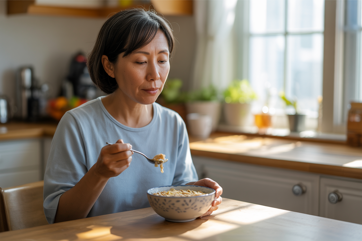 Create a realistic image of a middle-aged Asian female sitting at a wooden kitchen table, mindfully eating breakfast with a serene expression, holding a spoon near a bowl of oatmeal while gazing thoughtfully at the food, soft morning sunlight streaming through a nearby window illuminating the scene, simple kitchen background with plants on the windowsill, warm and peaceful atmosphere conveying deep awareness and presence in the mundane act of eating, absolutely NO text should be in the scene.