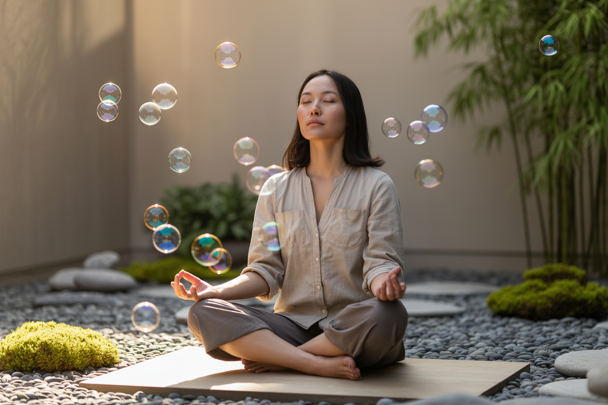 Create a realistic image of a serene Asian female in her 30s sitting cross-legged in a peaceful meditation pose with her eyes gently closed and hands resting on her knees, surrounded by floating translucent soap bubbles that represent mental burdens being released into the air, set in a minimalist zen garden with smooth river stones and soft green moss, bathed in warm golden hour sunlight filtering through the scene creating a calm and liberating atmosphere, with gentle shadows and a soft-focus background of bamboo plants, emphasizing the concept of letting go and acceptance through mindful practice, absolutely NO text should be in the scene.