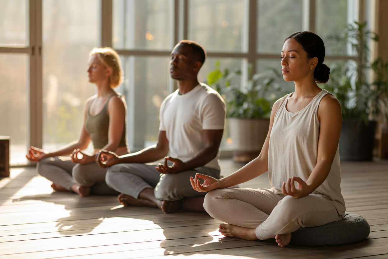 Create a realistic image of a serene meditation scene showing a diverse group including a white female, black male, and Asian female sitting cross-legged on meditation cushions in a peaceful indoor space with soft natural lighting streaming through large windows, wooden floors, plants in the background, eyes gently closed in focused meditation posture, wearing comfortable neutral-colored clothing, with a calm and tranquil atmosphere that conveys mental strength and mindfulness practice, absolutely NO text should be in the scene.