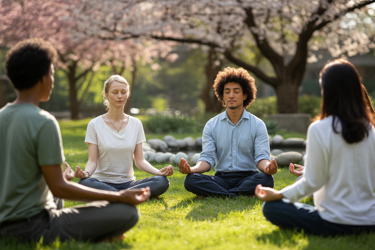 Create a realistic image of a serene meditation garden with a diverse group of people sitting in a circle on soft grass, including a white female, black male, and Asian female, all with gentle, peaceful expressions and eyes closed in mindful meditation, surrounded by blooming cherry blossom trees and soft natural lighting filtering through the branches, creating a warm and compassionate atmosphere that conveys inner peace and human connection, with smooth stones and a small peaceful water feature in the background, absolutely NO text should be in the scene.