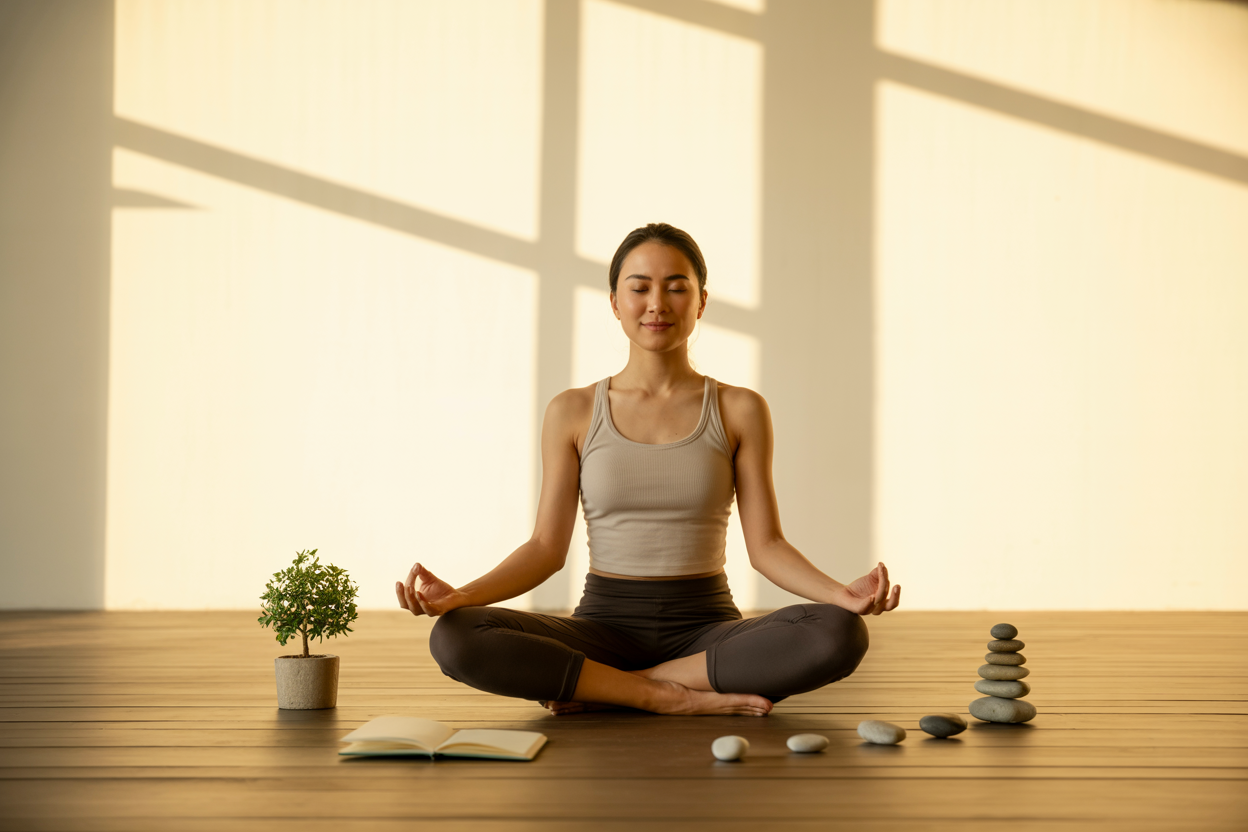 Create a realistic image of a serene Asian female in her 30s sitting in lotus position on a wooden floor in a minimalist room with soft natural light streaming through large windows, surrounded by elements representing life transformation including a small potted plant symbolizing growth, an open journal, and smooth river stones arranged mindfully, with a peaceful expression on her face and eyes gently closed in meditation, warm golden hour lighting creating a calm and transformative atmosphere, absolutely NO text should be in the scene.
