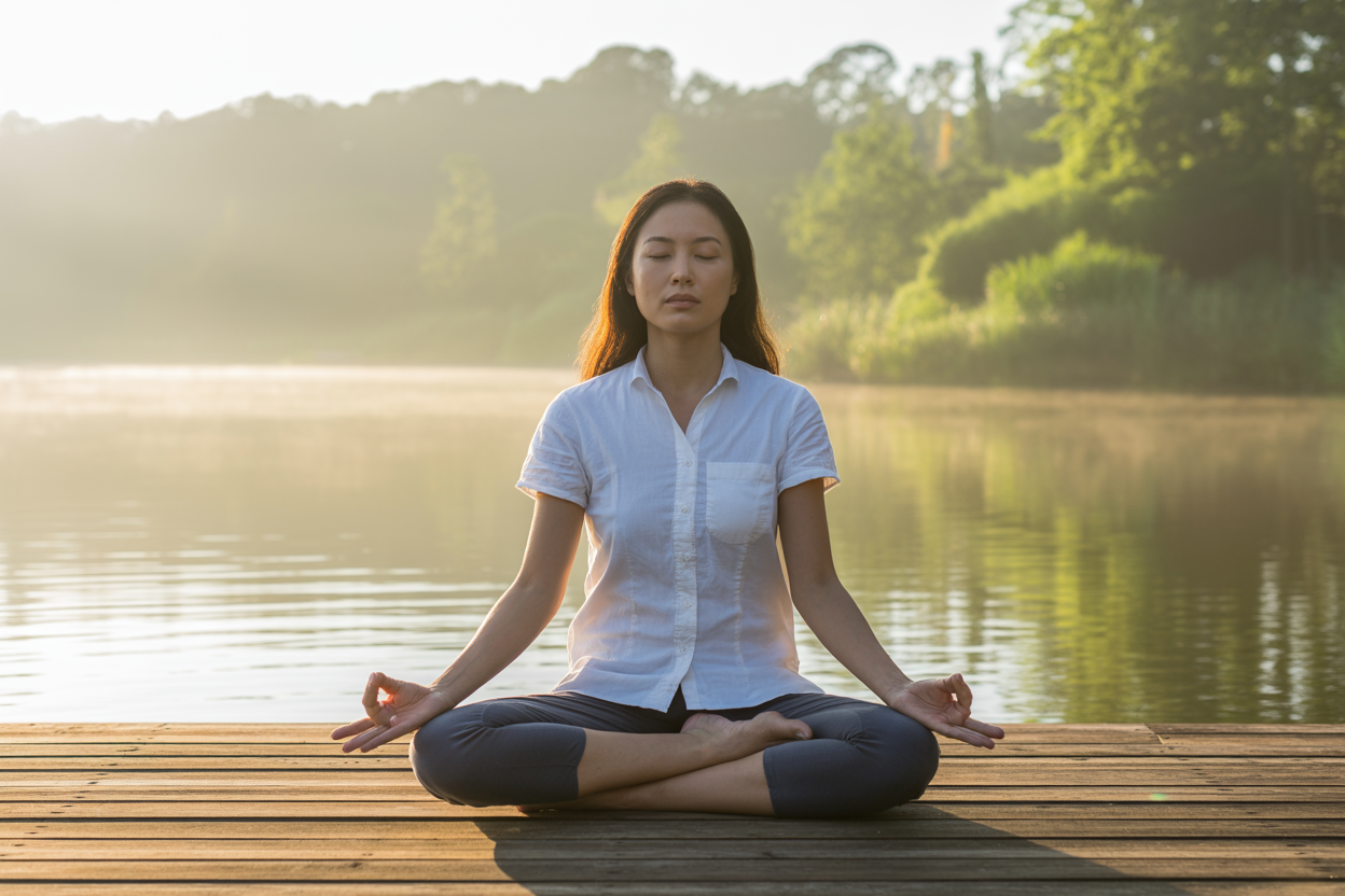 Create a realistic image of a serene Asian female meditating in lotus position on a wooden deck overlooking a tranquil lake at sunrise, with soft golden sunlight filtering through morning mist, surrounded by gentle ripples on the water surface and lush green trees in the background, conveying a sense of inner peace, transformation, and mindful awareness, with her eyes gently closed and hands resting peacefully in her lap, embodying the culmination of mindfulness practice and life transformation. Absolutely NO text should be in the scene.
