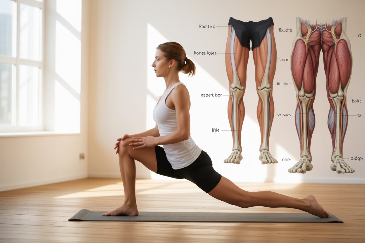 Create a realistic image of a white female runner in athletic wear performing a yoga pose on a yoga mat, focusing on stretching her leg muscles with one leg extended forward in a runner's lunge position, surrounded by anatomical illustrations or diagrams showing common runner problem areas like knees, calves, and hip flexors highlighted on a nearby wall or tablet, set in a bright, clean fitness studio with natural lighting from large windows, wooden floors, and minimal modern decor, conveying a therapeutic and educational atmosphere where yoga meets sports medicine. Absolutely NO text should be in the scene.