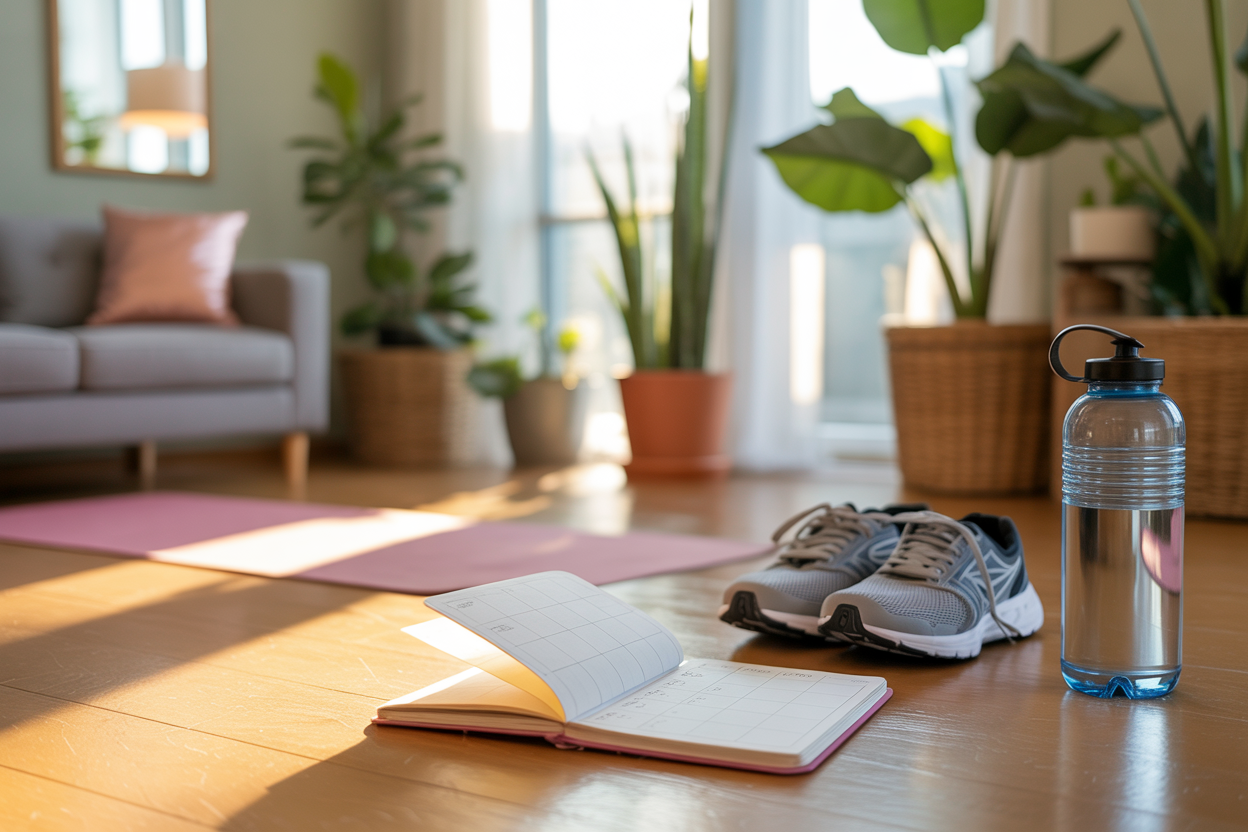 Create a realistic image of a peaceful home fitness space with a yoga mat laid out next to running shoes and a water bottle, featuring a handwritten journal or planner open with workout schedules visible, surrounded by natural lighting from a nearby window, with indoor plants in the background creating a serene wellness atmosphere, absolutely NO text should be in the scene.
