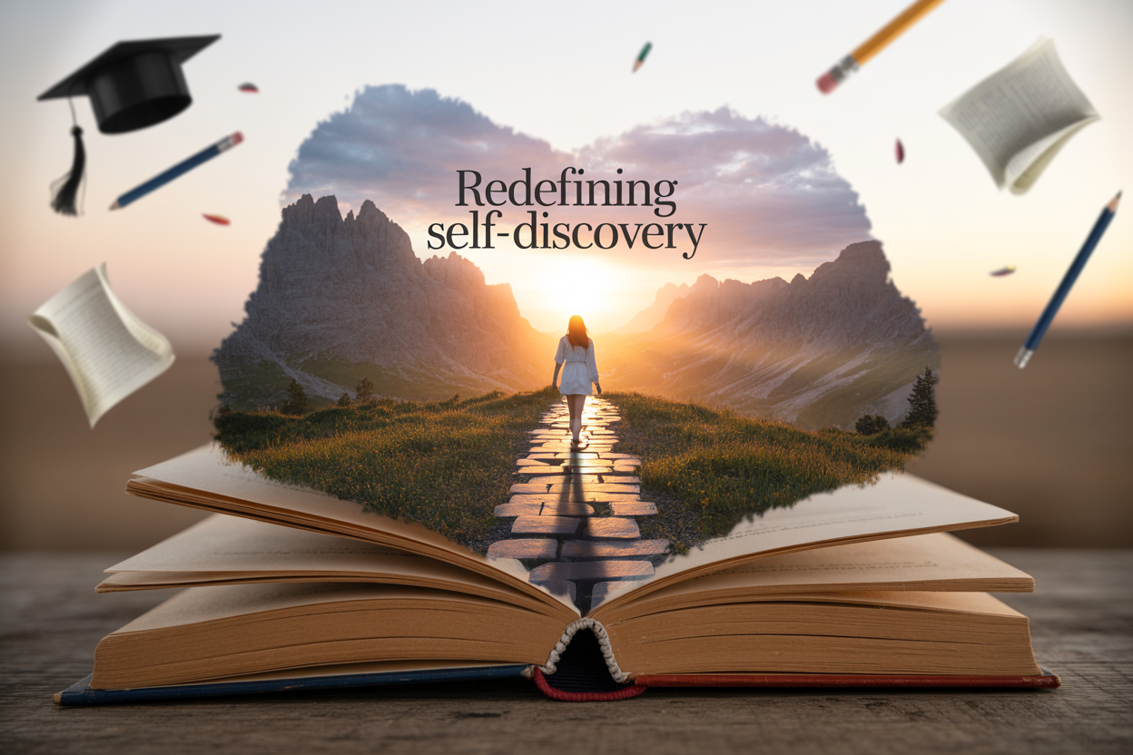 Create a realistic image of an open book with pages transforming into a mountain landscape, symbolizing the journey from traditional boundaries to self-discovery, featuring a young white female silhouette walking from darkness into warm golden light, with scattered academic elements like graduation cap, pencils, and paper notes floating around the scene, soft dramatic lighting with warm sunset tones in the background, and the text "Redefining Self-Discovery" elegantly overlaid in modern serif font.
