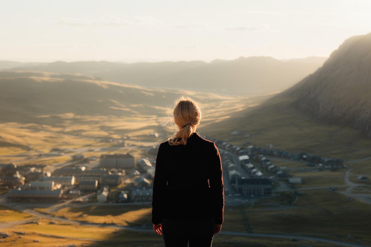 Create a realistic image of a young white female standing at the edge of a vast mountain landscape, with traditional academic buildings and institutions visible in the valley below while untamed wilderness and open sky stretch endlessly ahead, her silhouette captured from behind as she gazes toward the horizon where conventional paths merge into unexplored territory, warm golden hour lighting creating dramatic contrast between the structured world behind and the boundless possibilities ahead, symbolizing the journey beyond traditional learning boundaries, Absolutely NO text should be in the scene.
