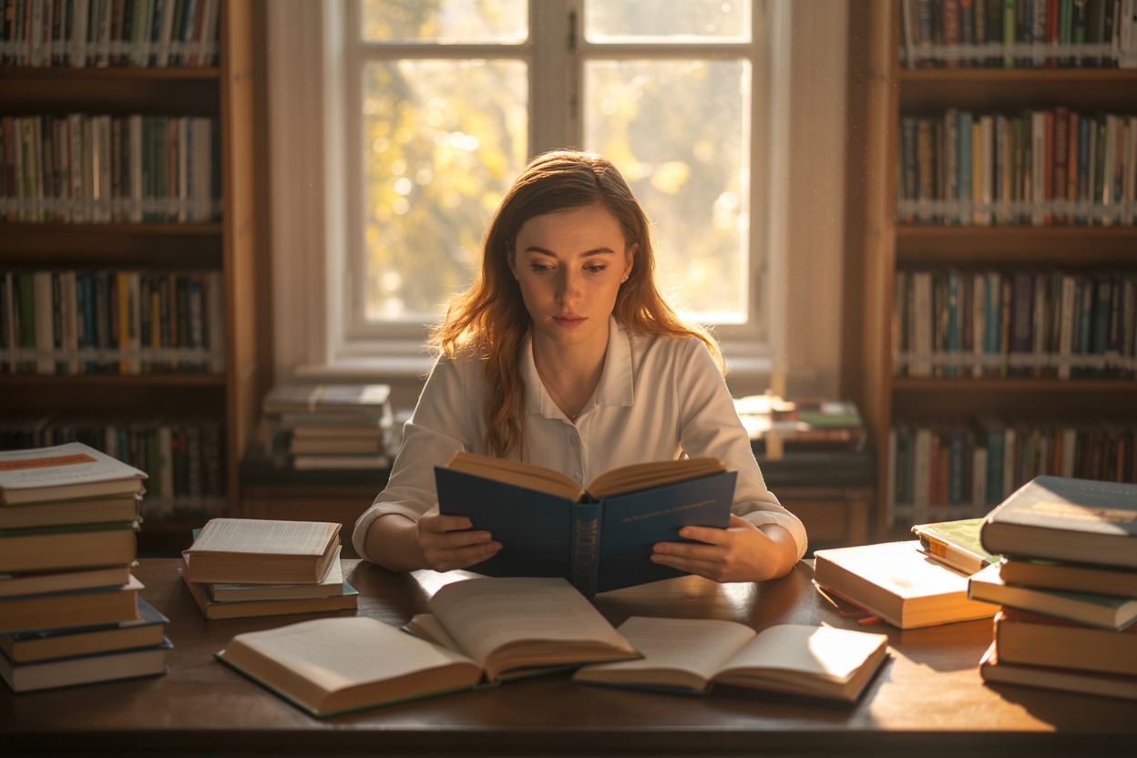 Create a realistic image of a young white female sitting at a wooden desk in a softly lit library or study room, surrounded by open books and educational materials, with golden sunlight streaming through a window behind her, illuminating the scene with warm, hopeful lighting as she reads intently with a look of wonder and determination on her face, symbolizing the transformative power of education and self-discovery, with bookshelves filled with knowledge in the blurred background creating depth and academic atmosphere, absolutely NO text should be in the scene.