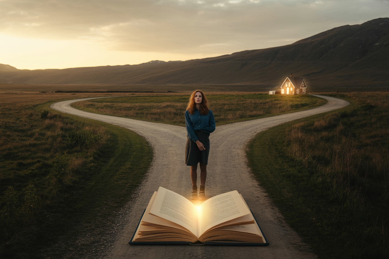 Create a realistic image of a young white female standing at a crossroads with two diverging paths, one leading toward a warm glowing house representing family in the distance and the other leading toward an open book floating in bright light representing education and personal truth, with the woman looking conflicted as she faces this difficult choice, set during golden hour with dramatic lighting casting long shadows, surrounded by a rural mountainous landscape with sparse vegetation, creating a contemplative and emotionally charged atmosphere that conveys the internal struggle between family loyalty and personal growth, Absolutely NO text should be in the scene.