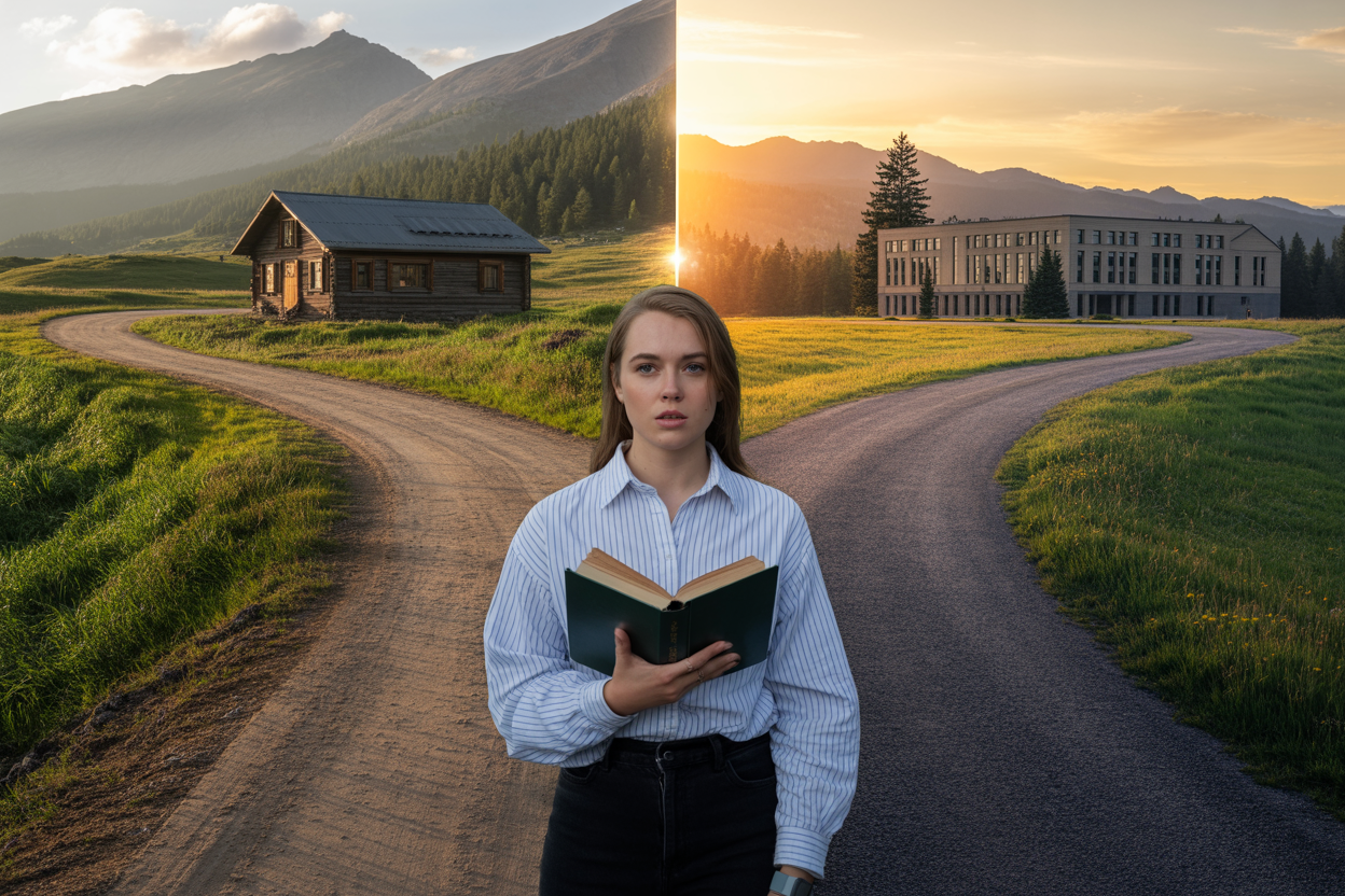 Create a realistic image of a young white female standing at a crossroads between two contrasting worlds, with one path leading to a rustic mountain cabin surrounded by wilderness and the other path leading toward a modern university campus with academic buildings, she holds an open book in her hands while looking determinedly toward the university path, golden sunset lighting creates dramatic contrast between the two environments, symbolizing transformation and the courage to forge a new identity, the scene conveys hope and determination against a backdrop of challenging choices, absolutely NO text should be in the scene.