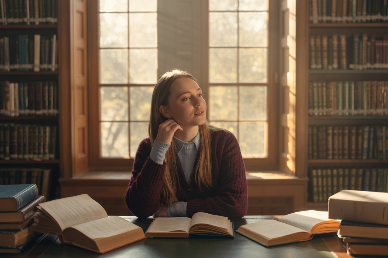 Create a realistic image of a young white female sitting at a wooden desk in a quiet library corner, surrounded by open books and academic materials, with warm golden sunlight streaming through tall windows behind her, creating a peaceful and contemplative atmosphere as she looks up from her studies with a expression of quiet determination and newfound confidence, with bookshelves filled with leather-bound volumes visible in the soft-focused background, symbolizing the transformative power of education and self-discovery, absolutely NO text should be in the scene.
