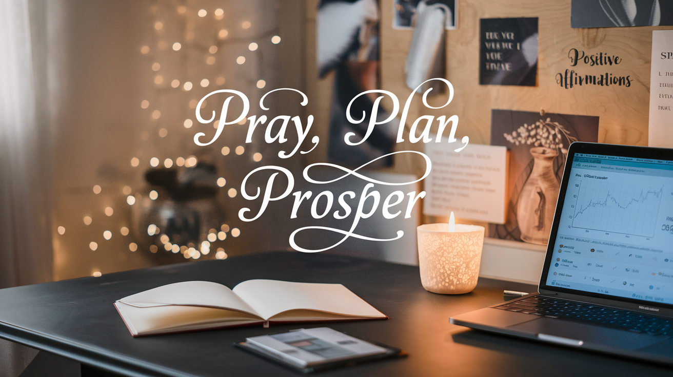 Create a realistic image of a serene meditation space with soft, warm lighting, featuring a desk with an open journal, a lit candle, and a laptop displaying financial graphs. In the background, a vision board showcases inspiring images and positive affirmations. The scene conveys a sense of peace, focus, and personal growth. Include the text "Pray, Plan, Prosper" in elegant script floating above the desk.