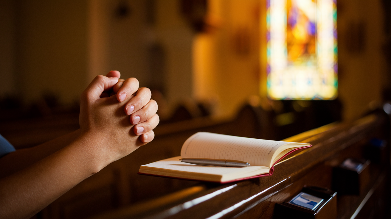 Create a realistic image of hands clasped in prayer, illuminated by warm, golden light streaming through a stained glass window, with a blurred background of a peaceful church interior, and an open journal with a pen beside it on a wooden pew, symbolizing planning and spiritual growth.