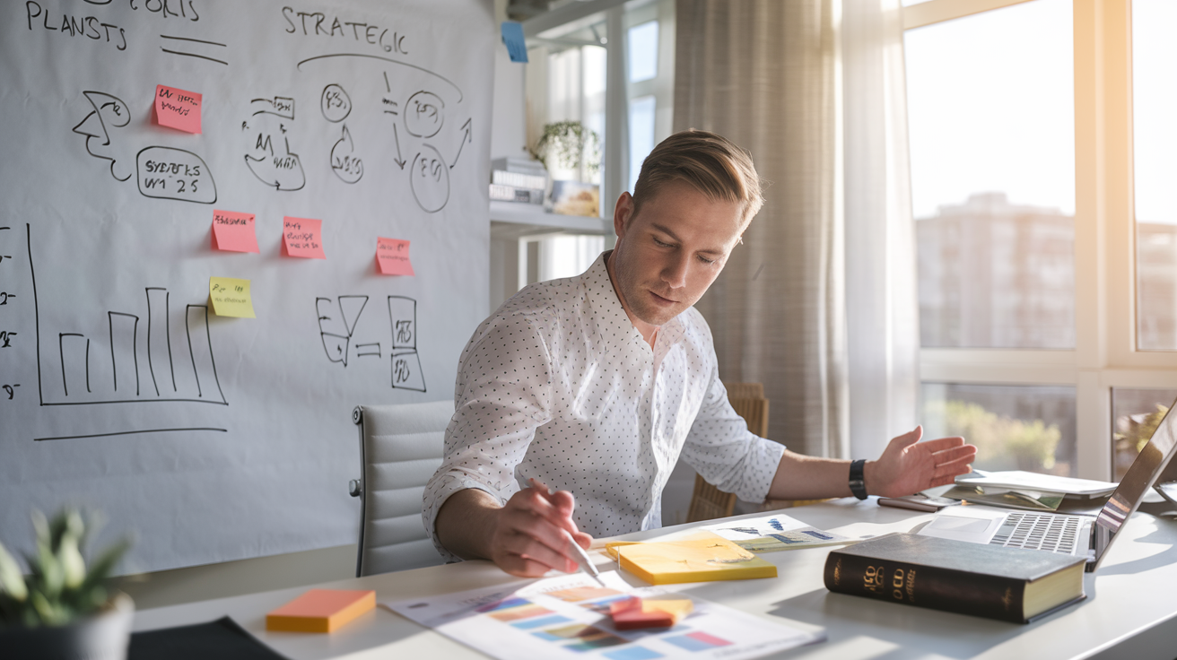 Create a realistic image of a white male professional in his 30s sitting at a modern desk, focused on a large whiteboard with strategic plans, goals, and flowcharts drawn on it, surrounded by post-it notes, a laptop, and a Bible, with soft natural light streaming through a nearby window, creating a atmosphere of productivity and spiritual guidance.