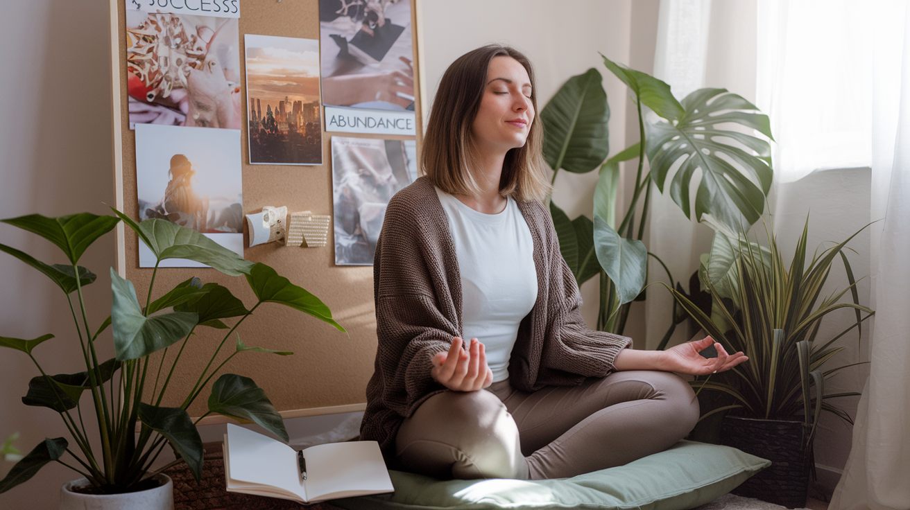 Create a realistic image of a serene meditation space with a white female in her 30s sitting cross-legged on a cushion, eyes closed, surrounded by lush green plants, soft natural light streaming through a window, an open journal and pen nearby, and a vision board in the background displaying images of success, abundance, and personal growth.