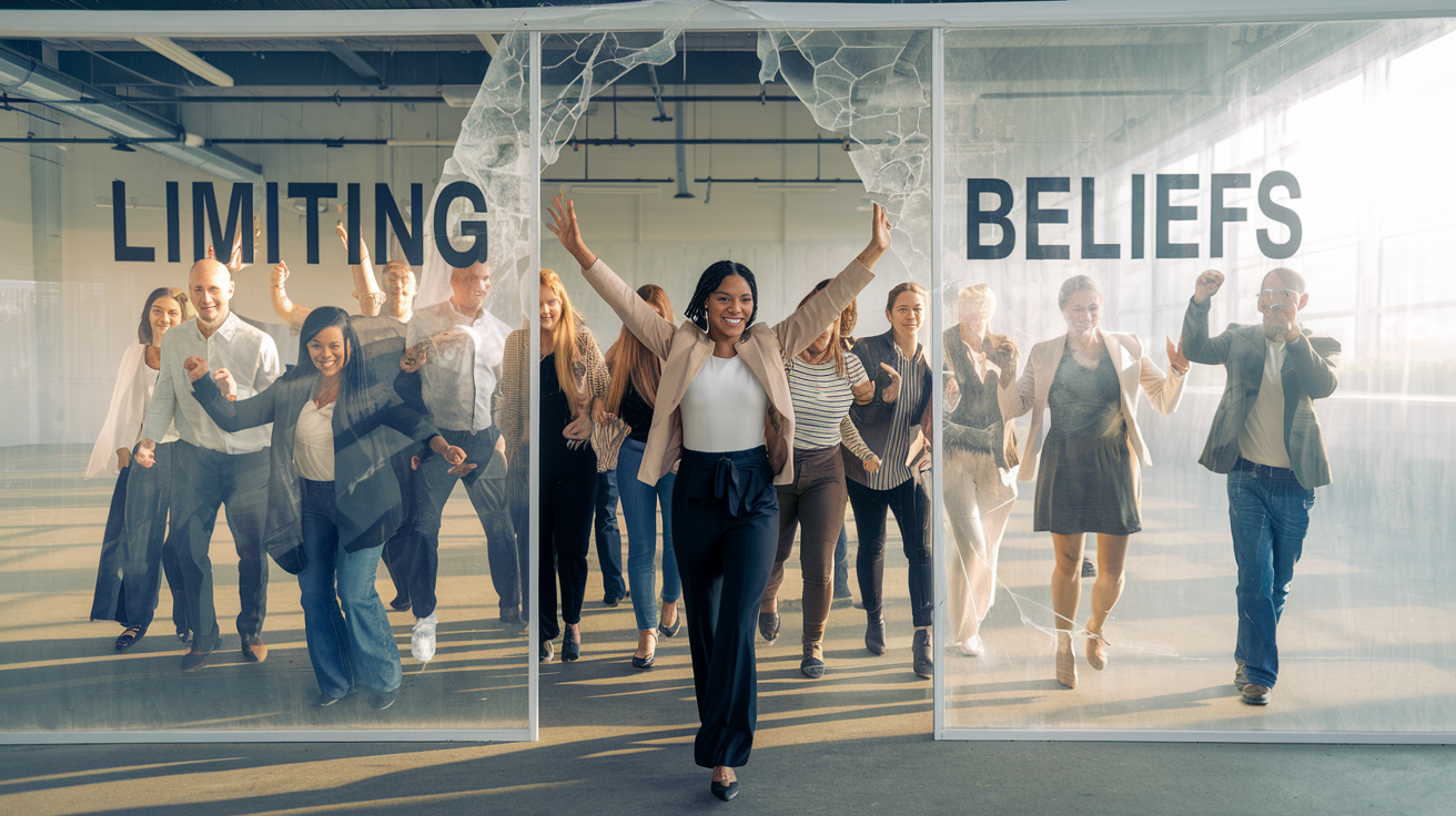 Create a realistic image of a diverse group of people breaking through a transparent wall with limiting beliefs written on it, symbolizing overcoming mental barriers. The scene is set in a bright, open space with sunlight streaming in, creating an atmosphere of hope and empowerment. In the foreground, show a confident black woman leading the group, her arms raised in triumph.