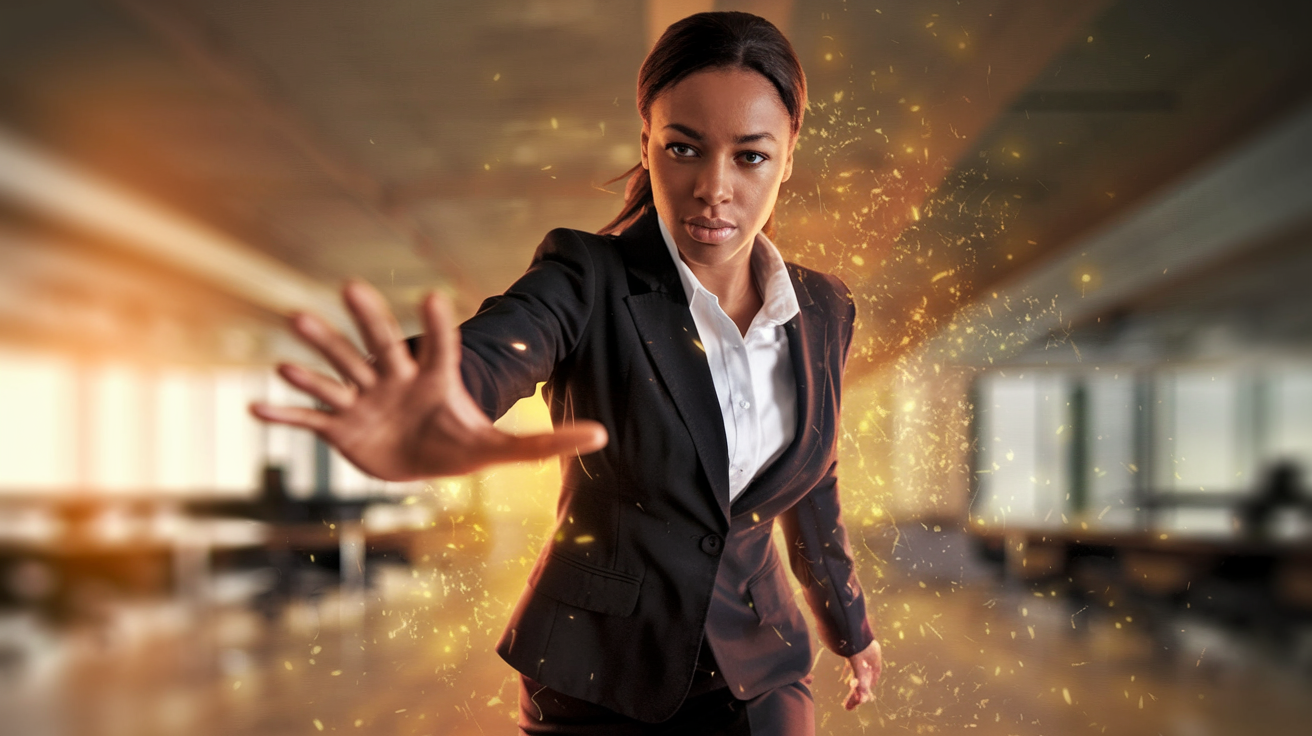 Create a realistic image of a determined black female in business attire taking a confident step forward, her hand reaching out as if grasping an opportunity, surrounded by subtle, glowing golden particles representing inspiration, with a blurred background of a modern office space, warm lighting emphasizing her forward motion and determined expression.