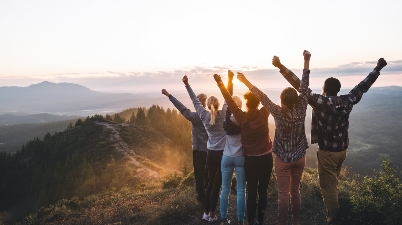 Create a realistic image of a diverse group of people, including a white female, black male, and Asian female, standing on a hilltop with arms raised in triumph, overlooking a vast landscape of mountains and forests, with a sunrise in the background, symbolizing freedom and achievement, warm golden light illuminating their faces, and a subtle path leading from the bottom of the hill to where they stand.