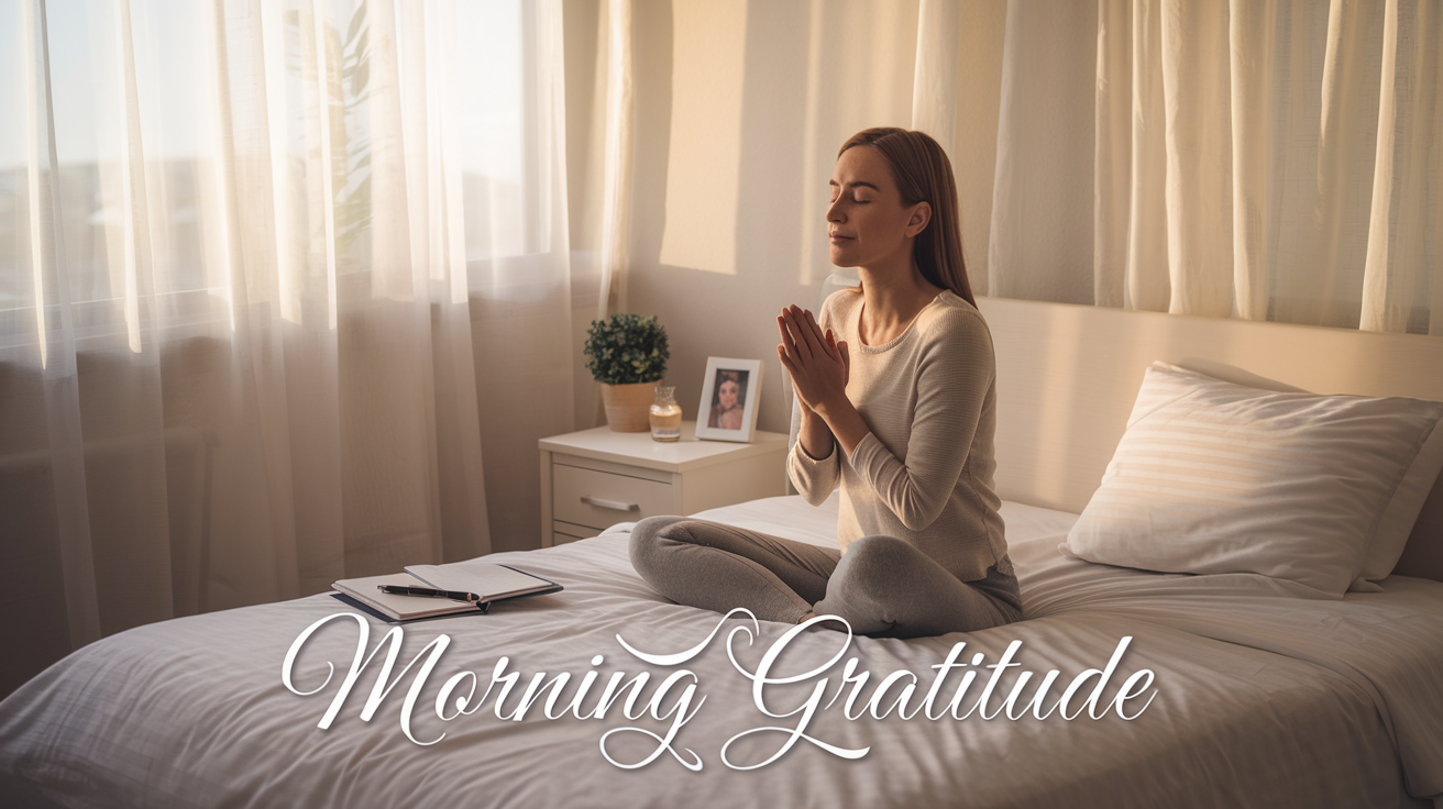 Create a realistic image of a serene bedroom at dawn, with soft sunlight streaming through sheer curtains. A white female in her 30s sits cross-legged on a neatly made bed, eyes closed, hands clasped in prayer. A gratitude journal and pen rest beside her. On the nightstand, a small potted plant and a framed photo of loved ones are visible. The room exudes warmth and tranquility. Text overlay reads "Morning Gratitude" in elegant script.
