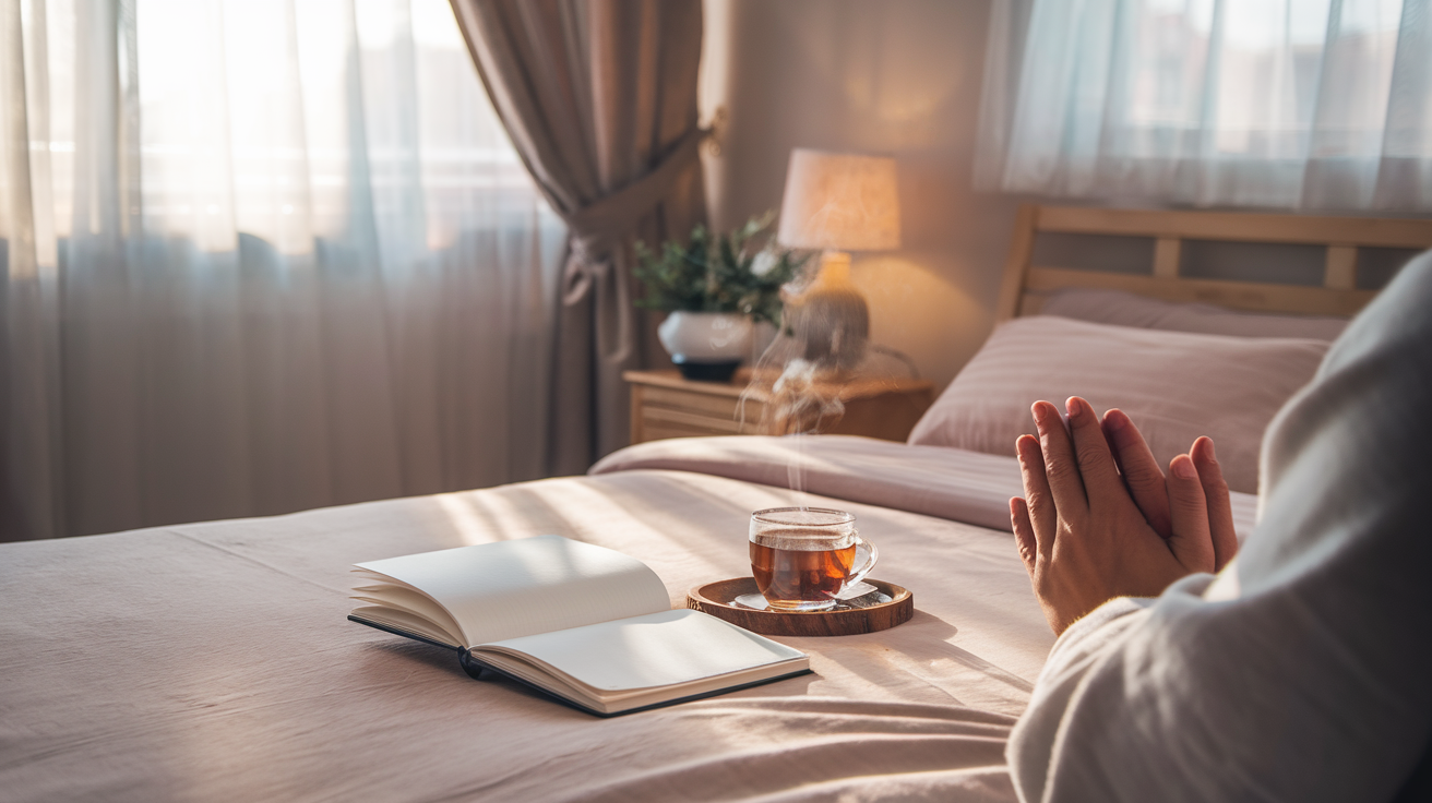 Create a realistic image of a serene bedroom at dawn, with soft sunlight filtering through sheer curtains, illuminating an open journal and a steaming cup of tea on a wooden bedside table, while a person's hands are seen clasped together in prayer, conveying a peaceful and grateful atmosphere.